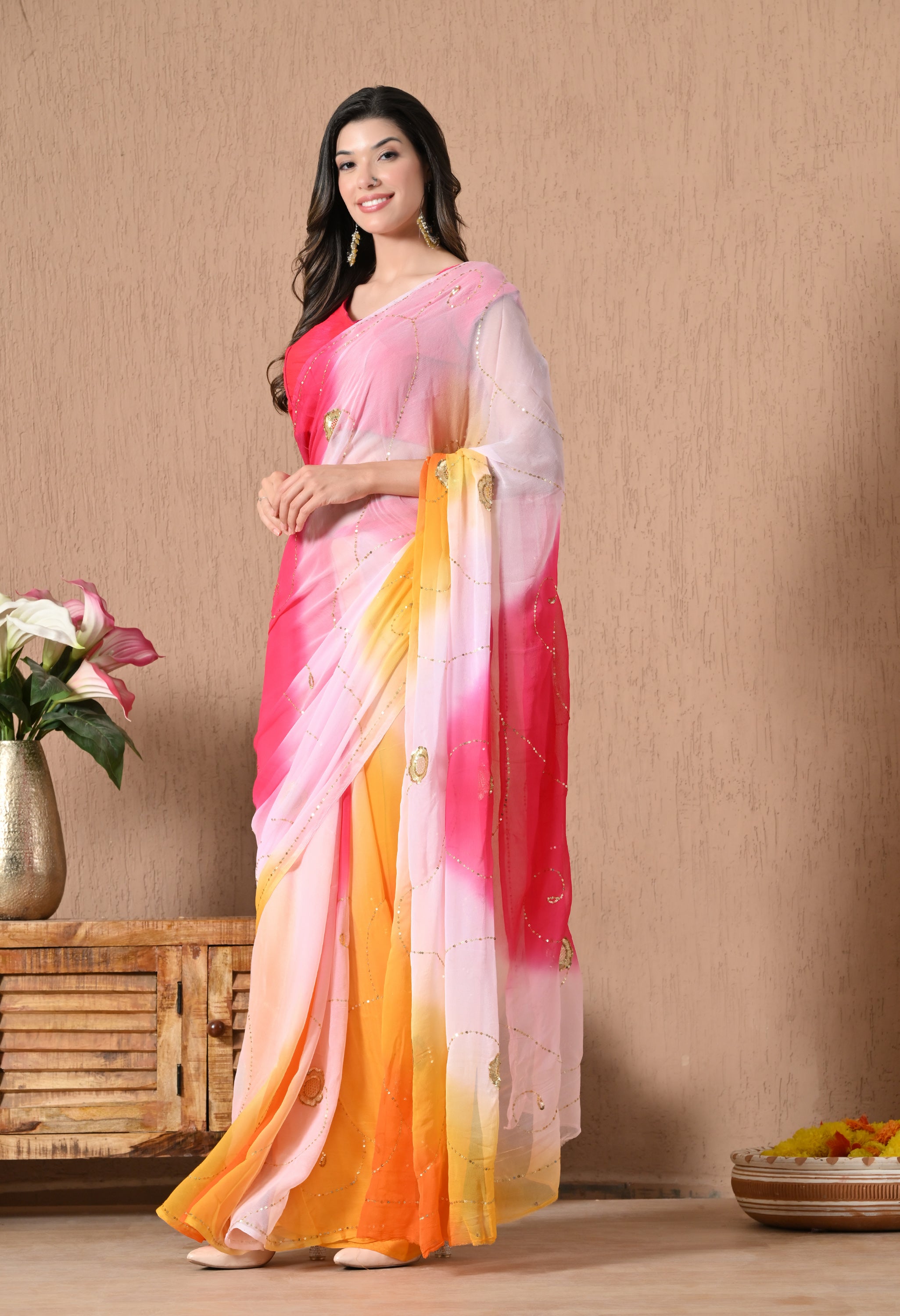 Salmon Pink Tie & Dye Sequin Diamond Chiffon Saree