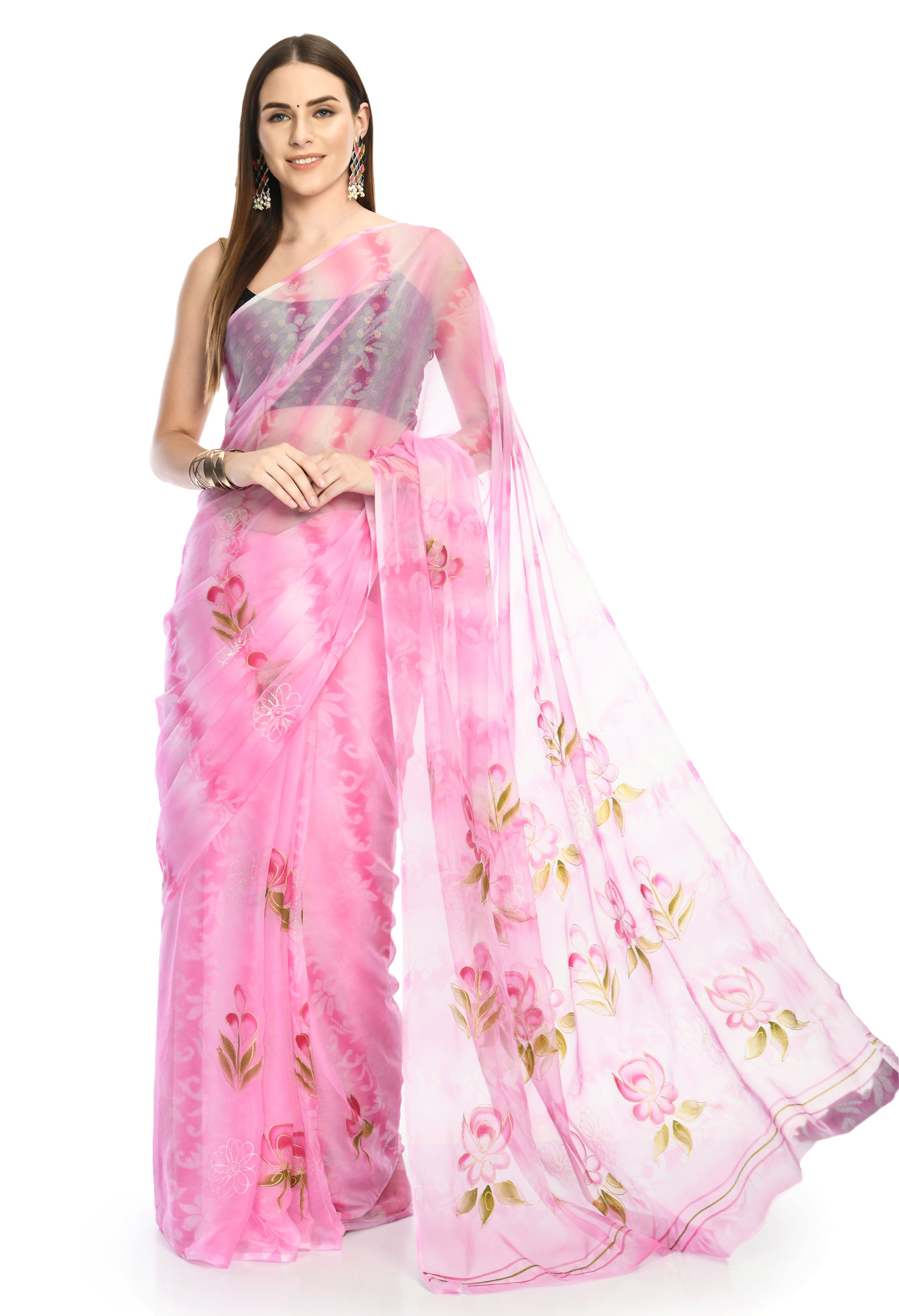 Pink Ball Hand Painted Chiffon Saree