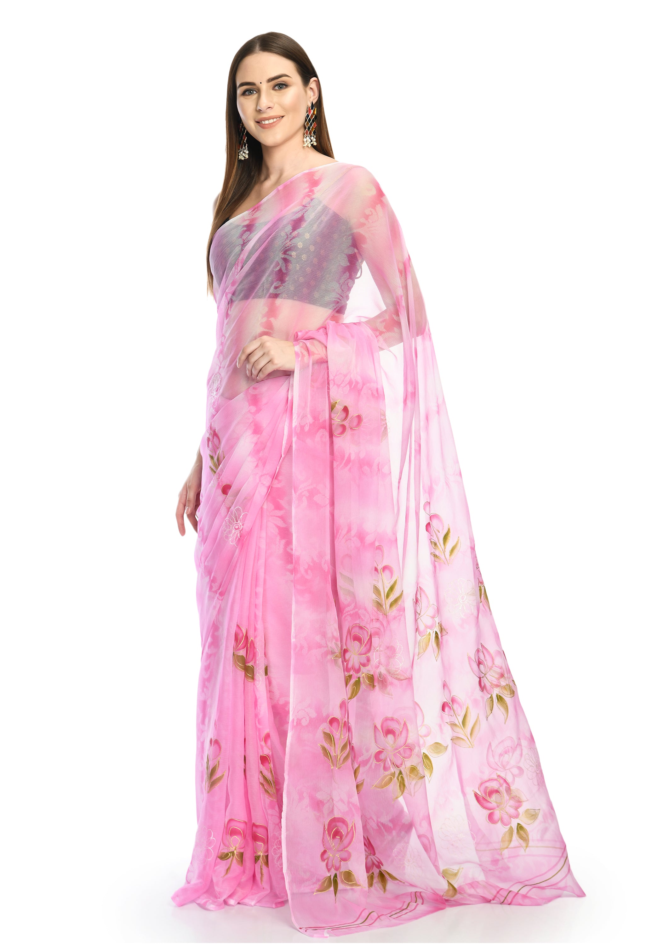 Pink Ball Hand Painted Chiffon Saree