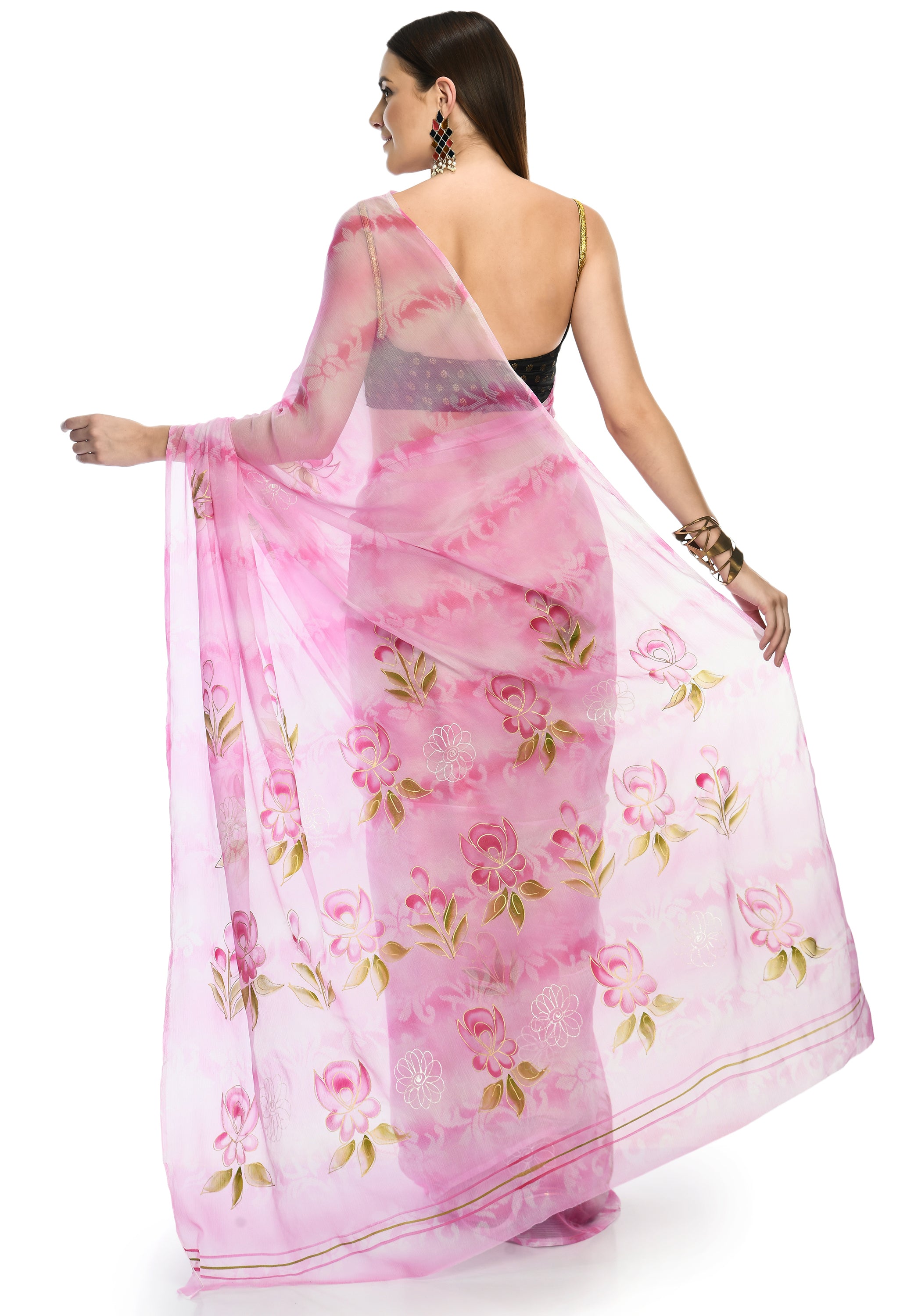 Pink Ball Hand Painted Chiffon Saree