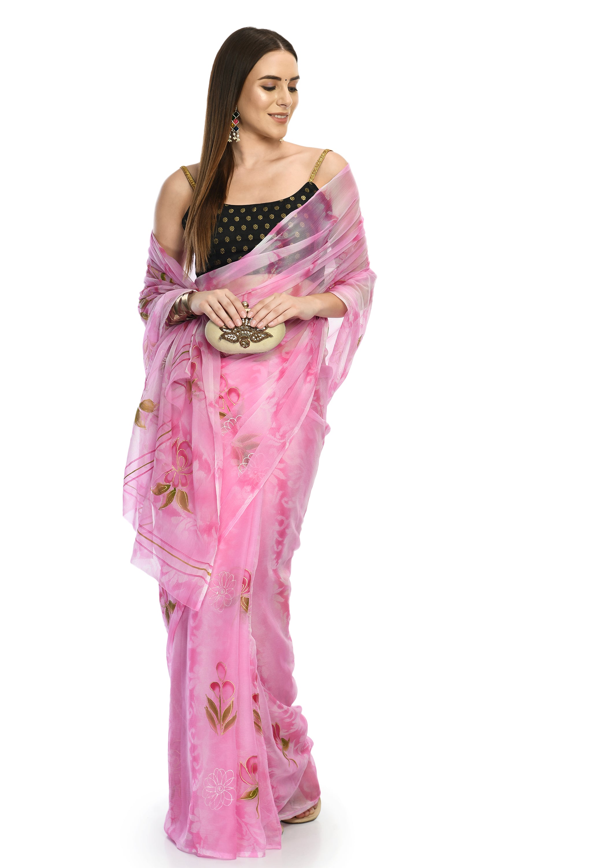 Pink Ball Hand Painted Chiffon Saree