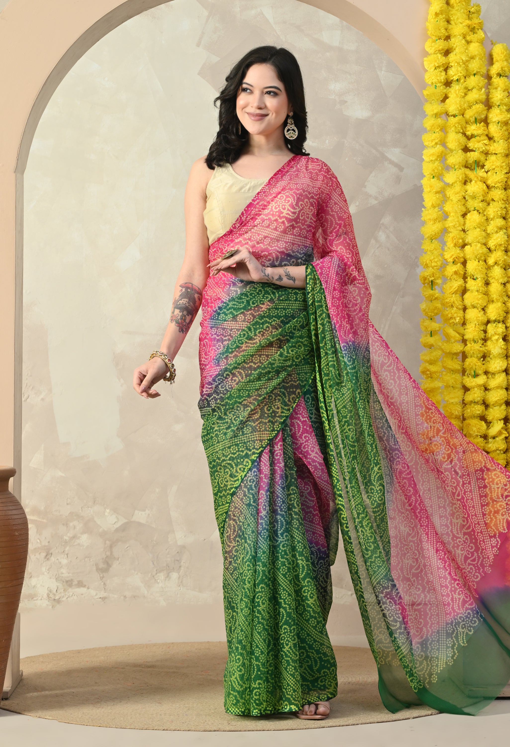 Multicolor Chiffon Bandhani Print Saree