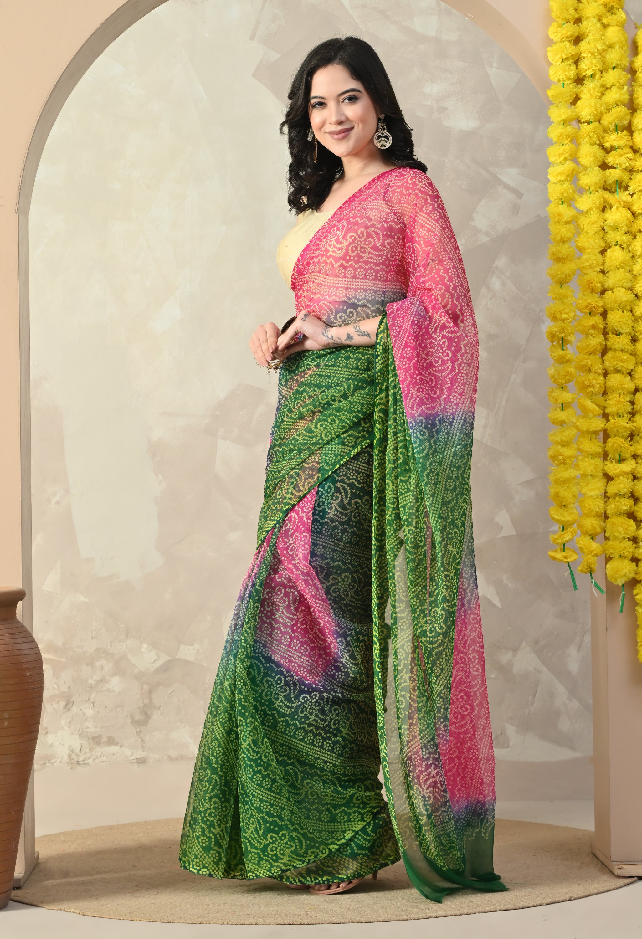 Multicolor Chiffon Bandhani Print Saree