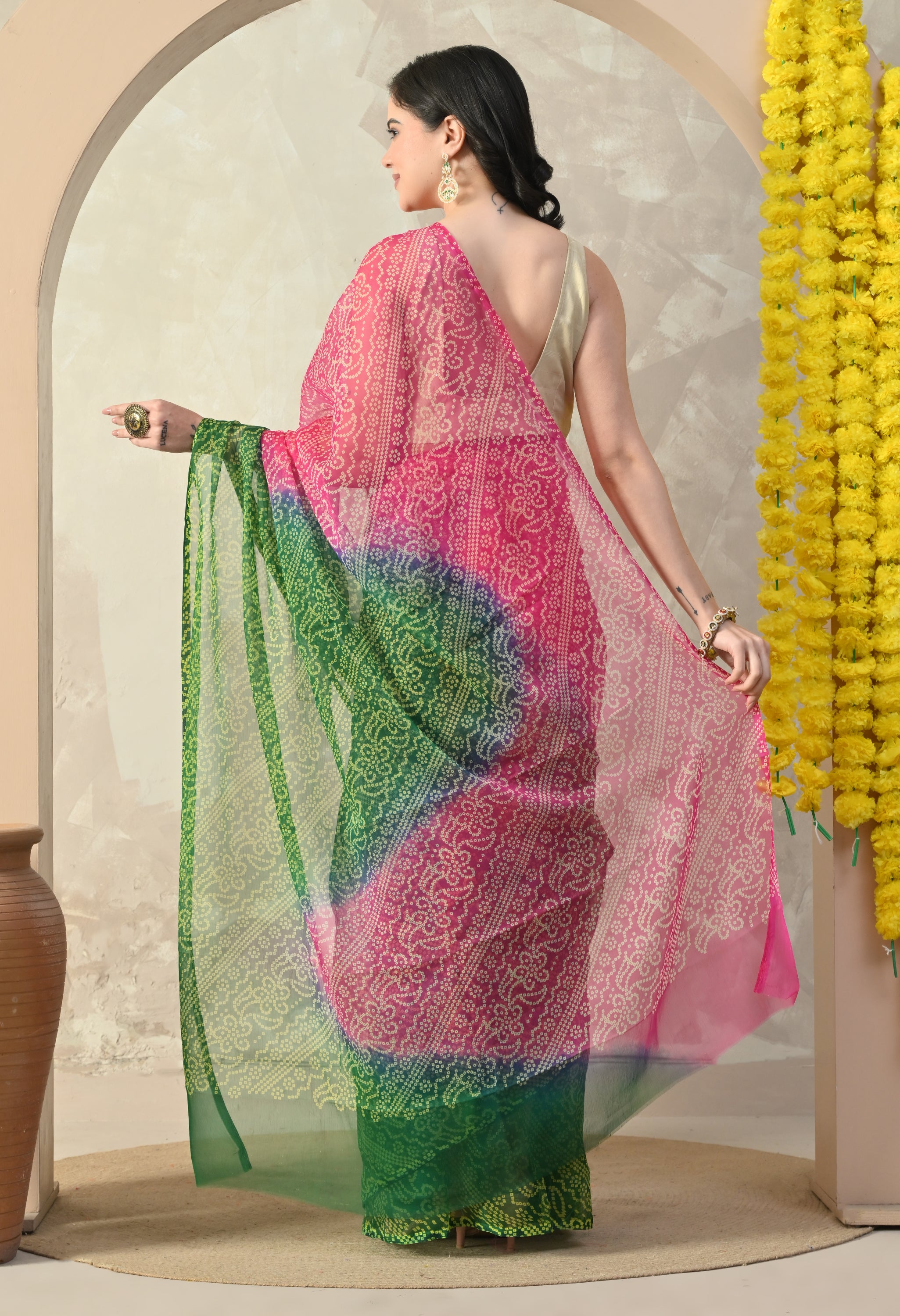Multicolor Chiffon Bandhani Print Saree