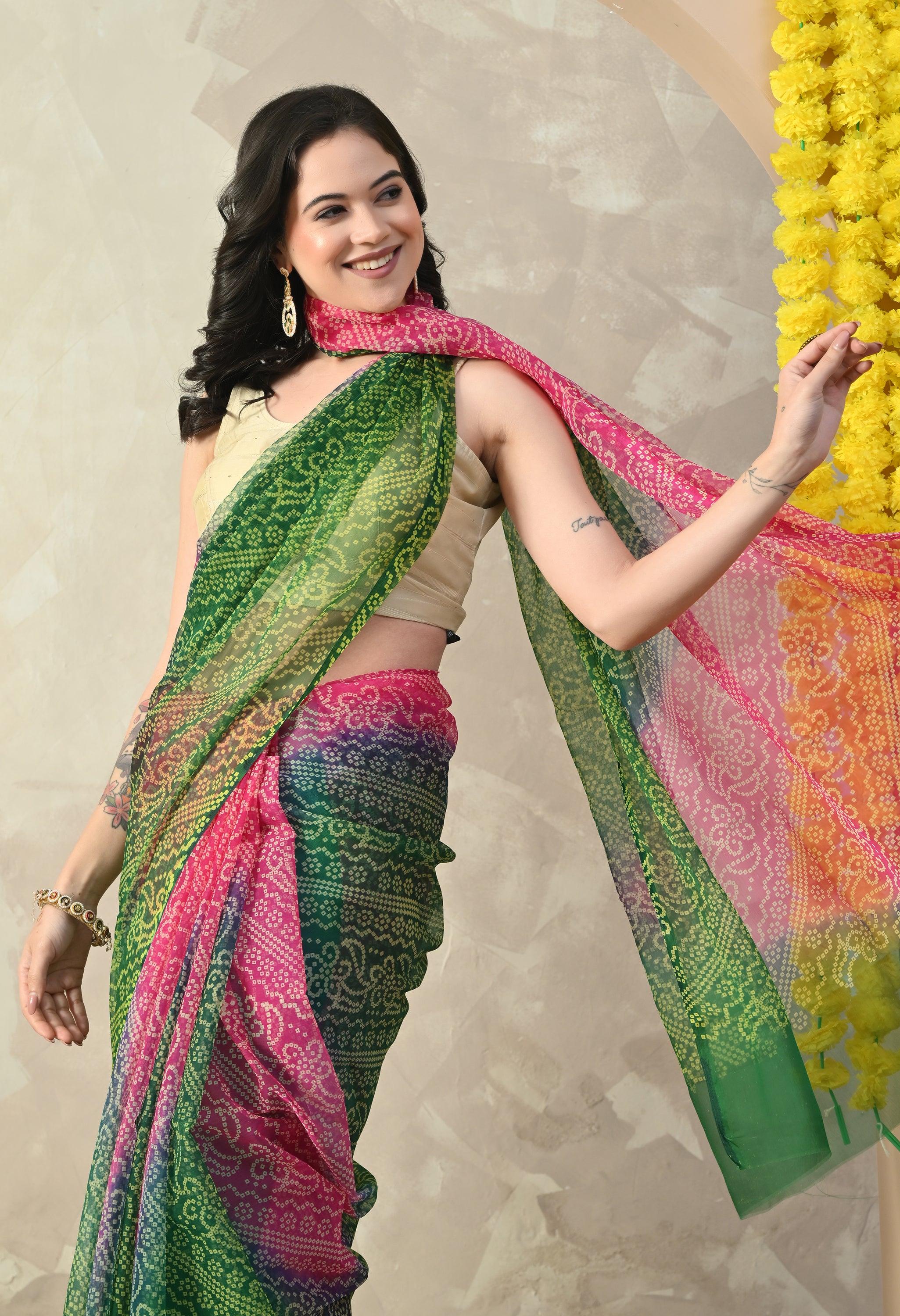 Multicolor Chiffon Bandhani Print Saree