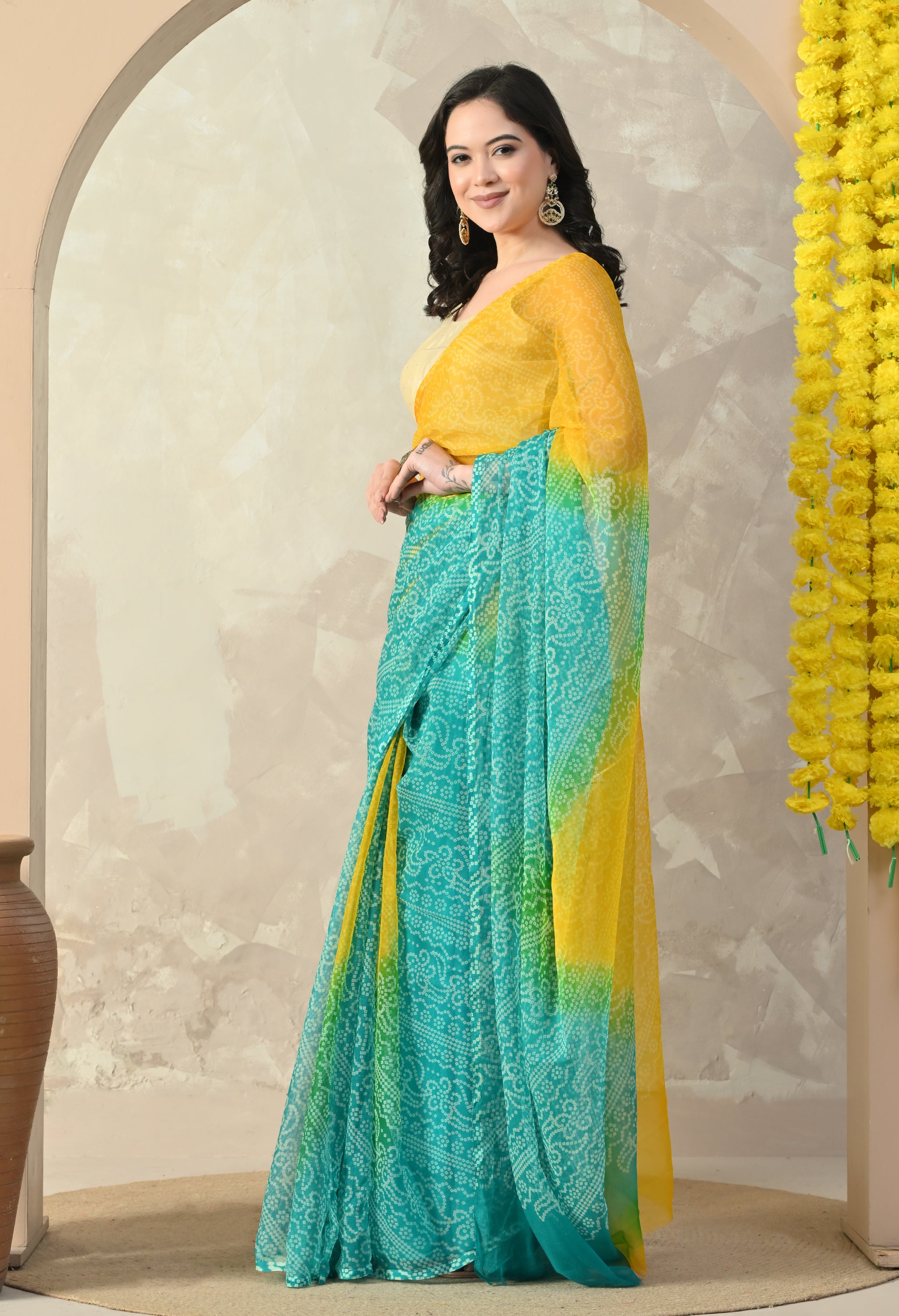 Yellow & Sea Green Chiffon Bandhani Print Saree
