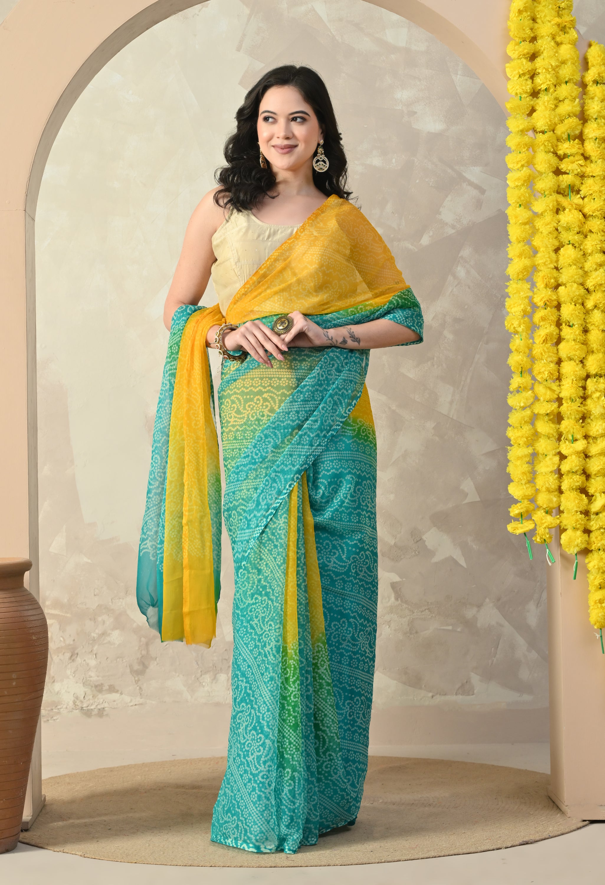 Yellow & Sea Green Chiffon Bandhani Print Saree