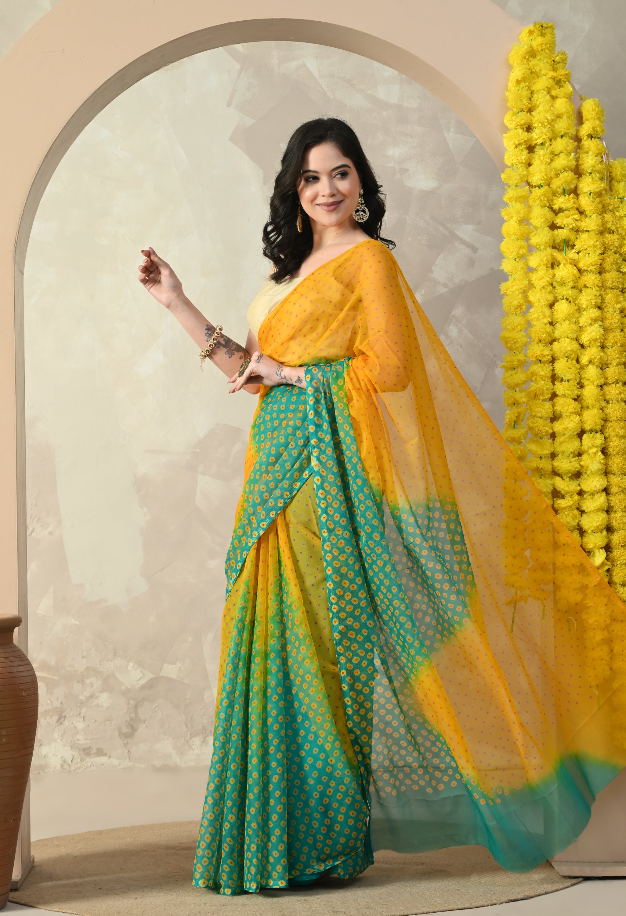 Yellow & Green Chiffon Bandhej Print Saree