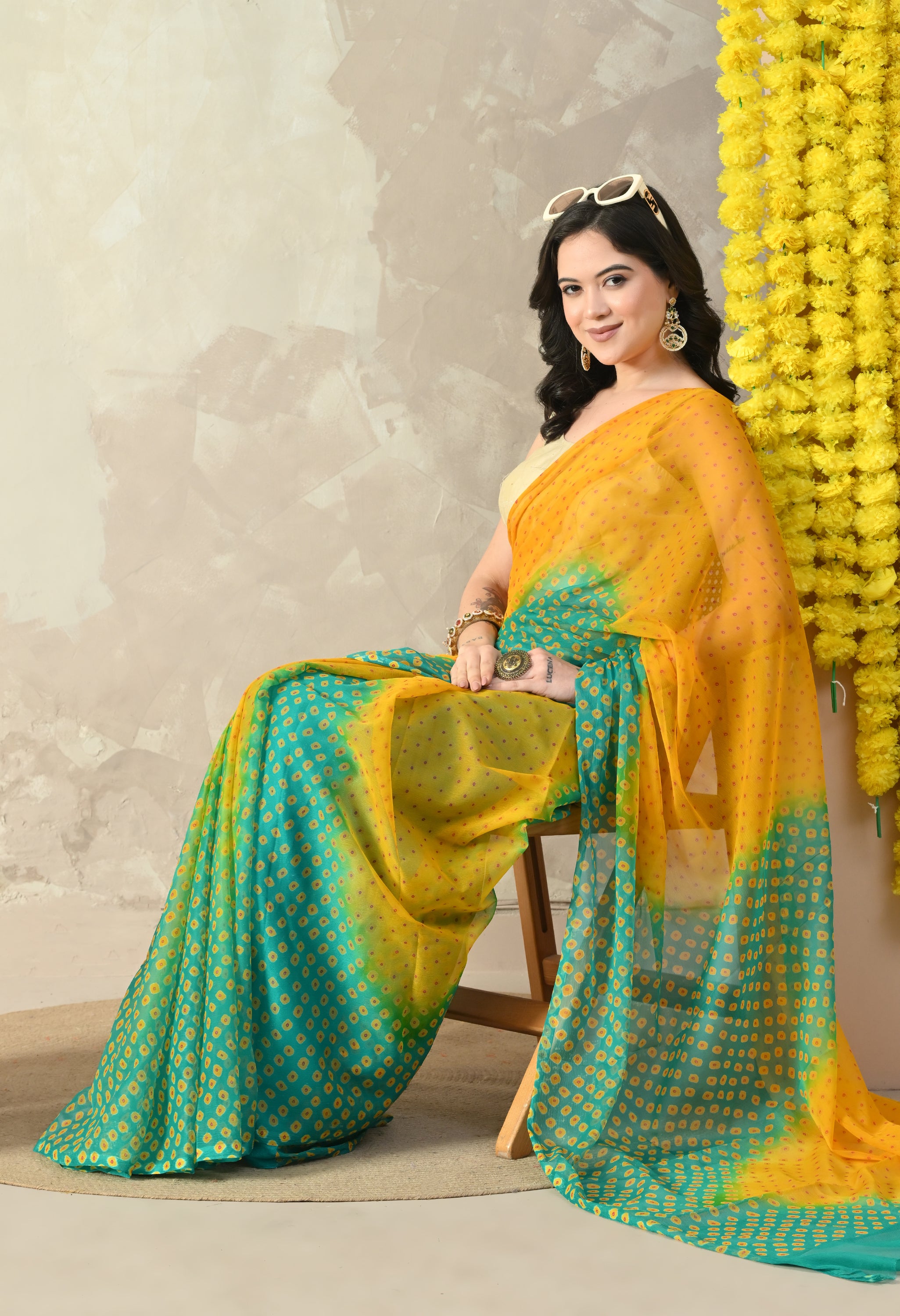Yellow & Green Chiffon Bandhej Print Saree