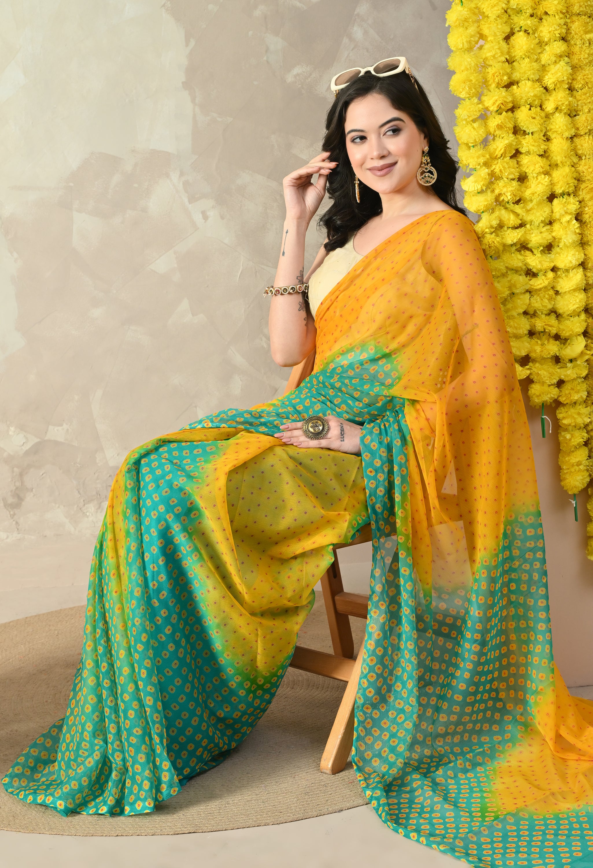 Yellow & Green Chiffon Bandhej Print Saree