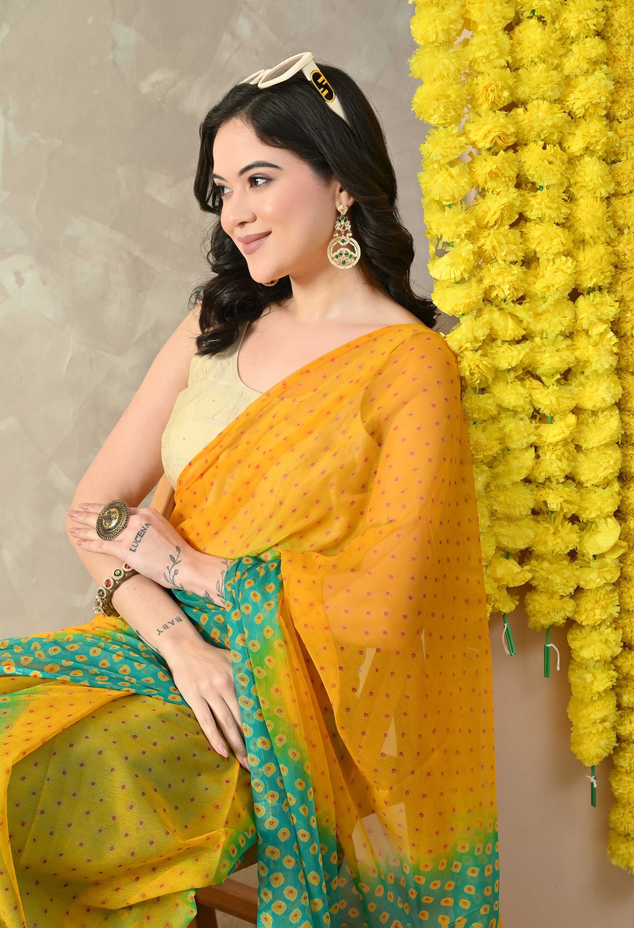 Yellow & Green Chiffon Bandhej Print Saree