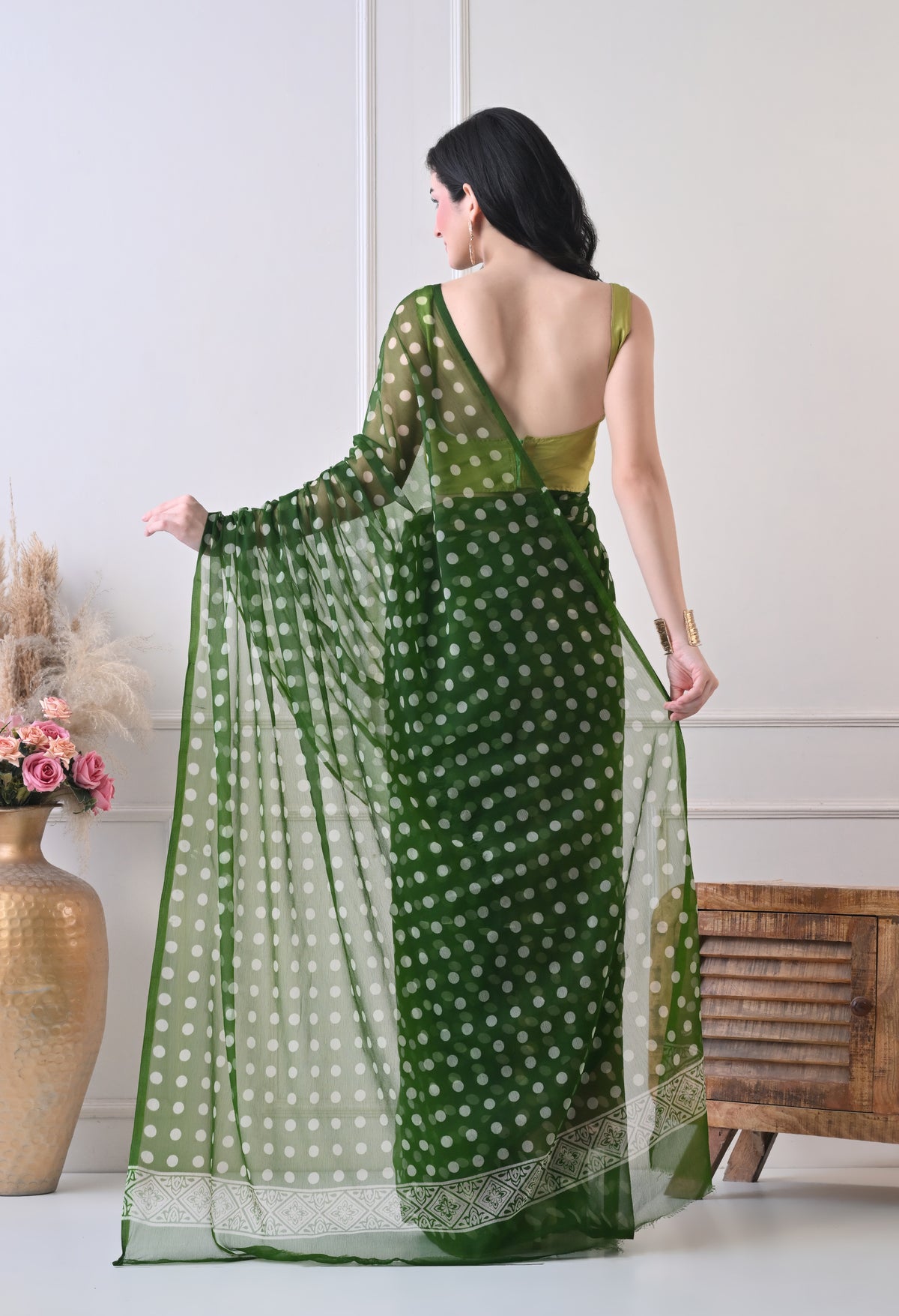 Moss Dot Italian Chiffon Saree