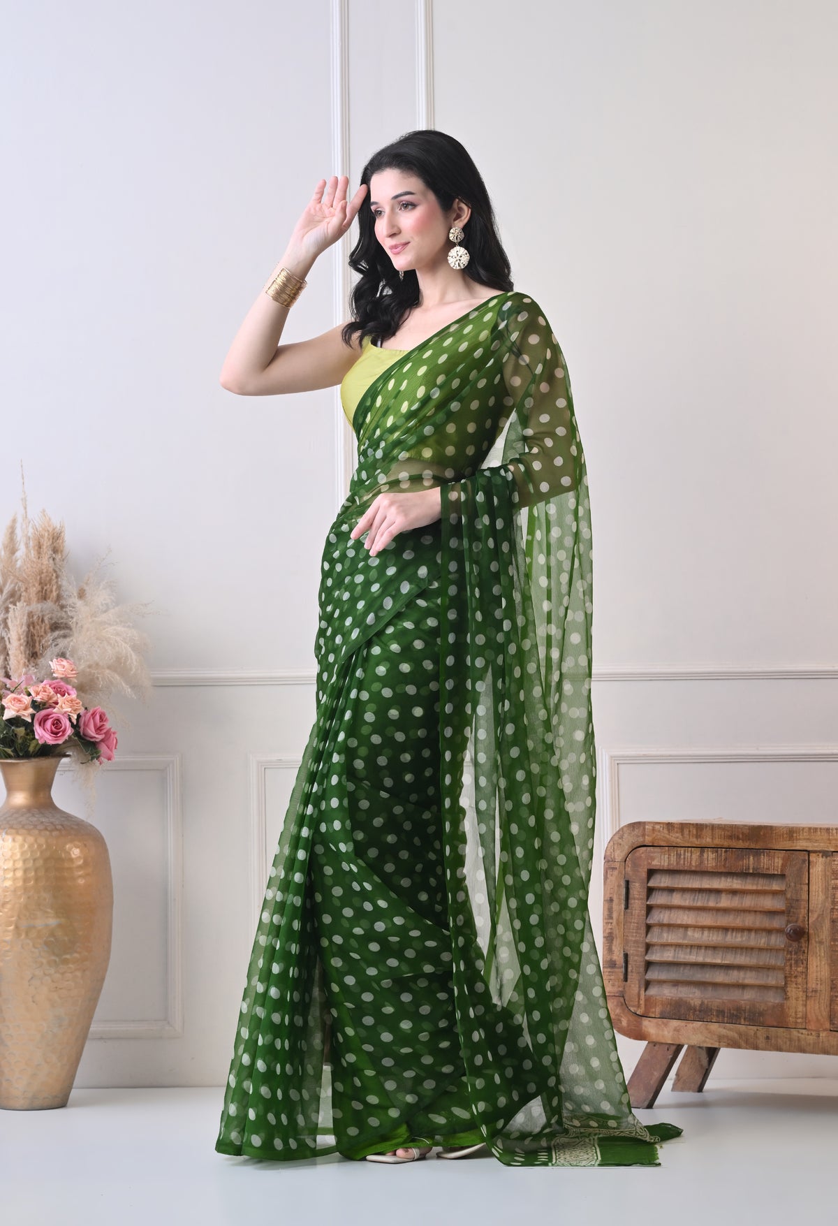 Moss Dot Italian Chiffon Saree