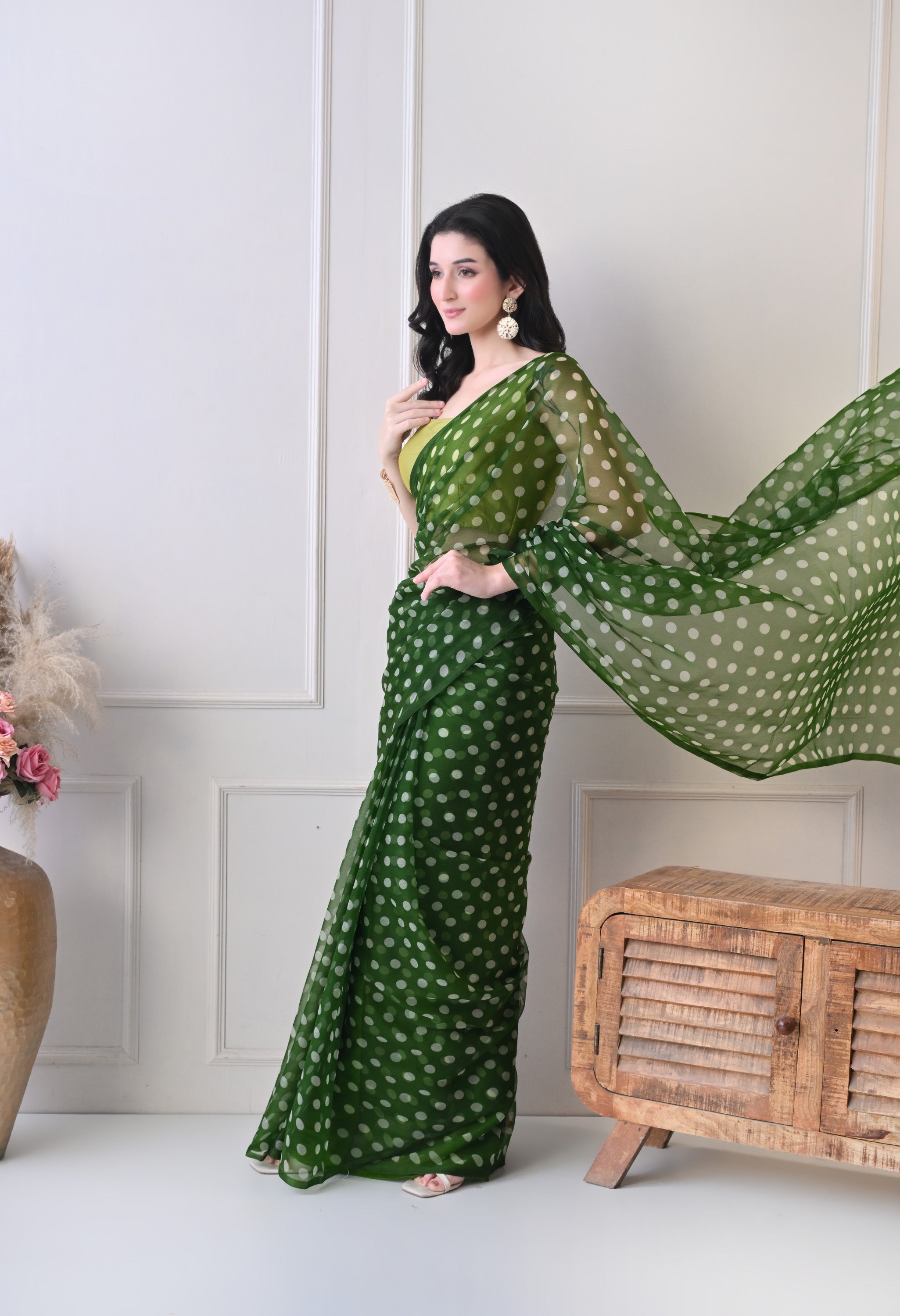 Moss Dot Italian Chiffon Saree