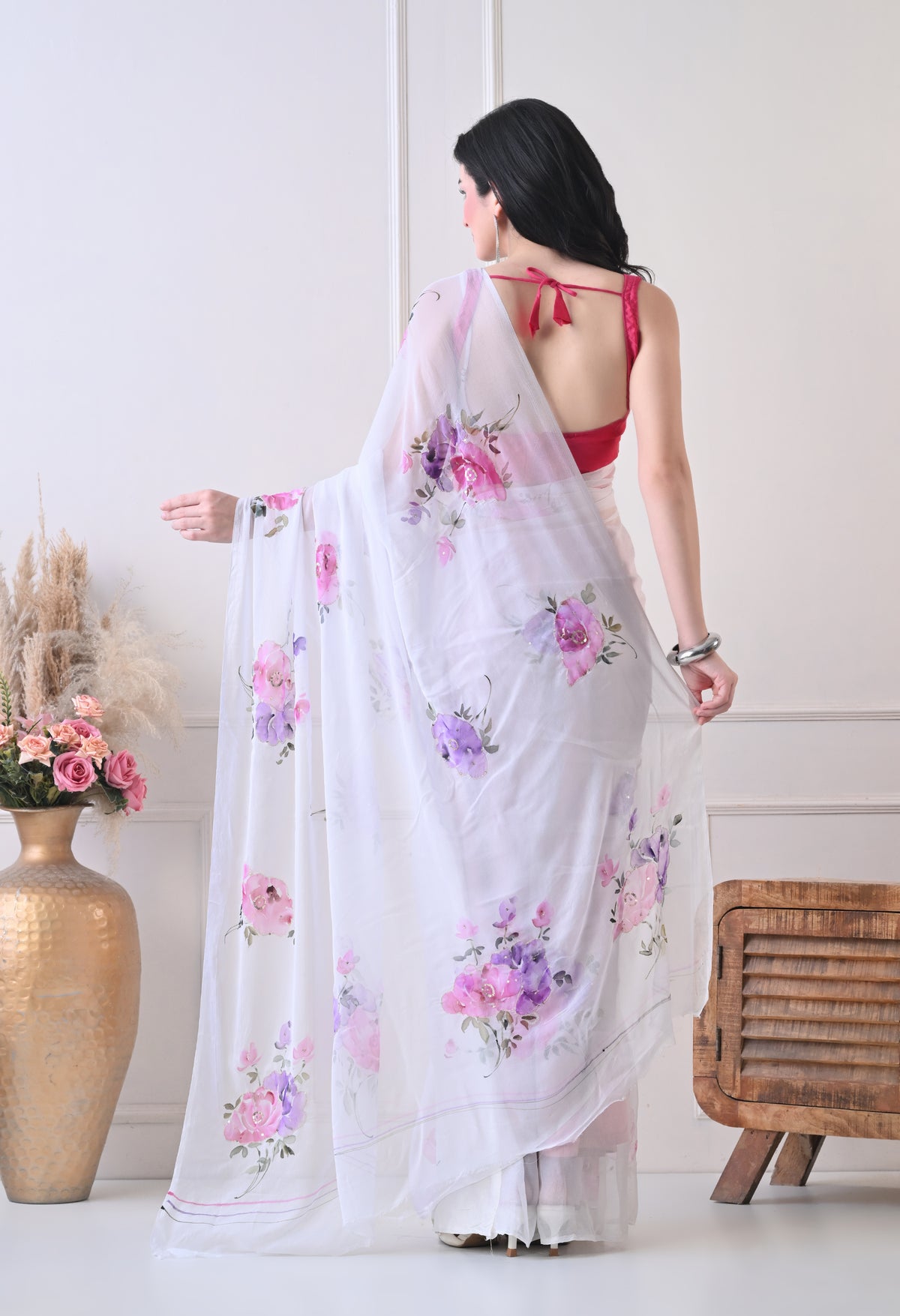 Ivory Botanical Handpainted Pure Chiffon Saree