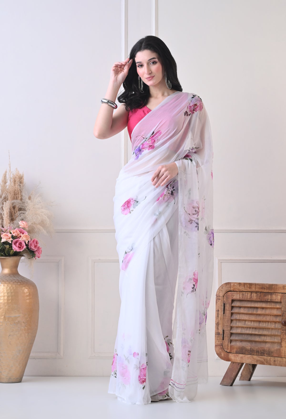 Ivory Botanical Handpainted Pure Chiffon Saree