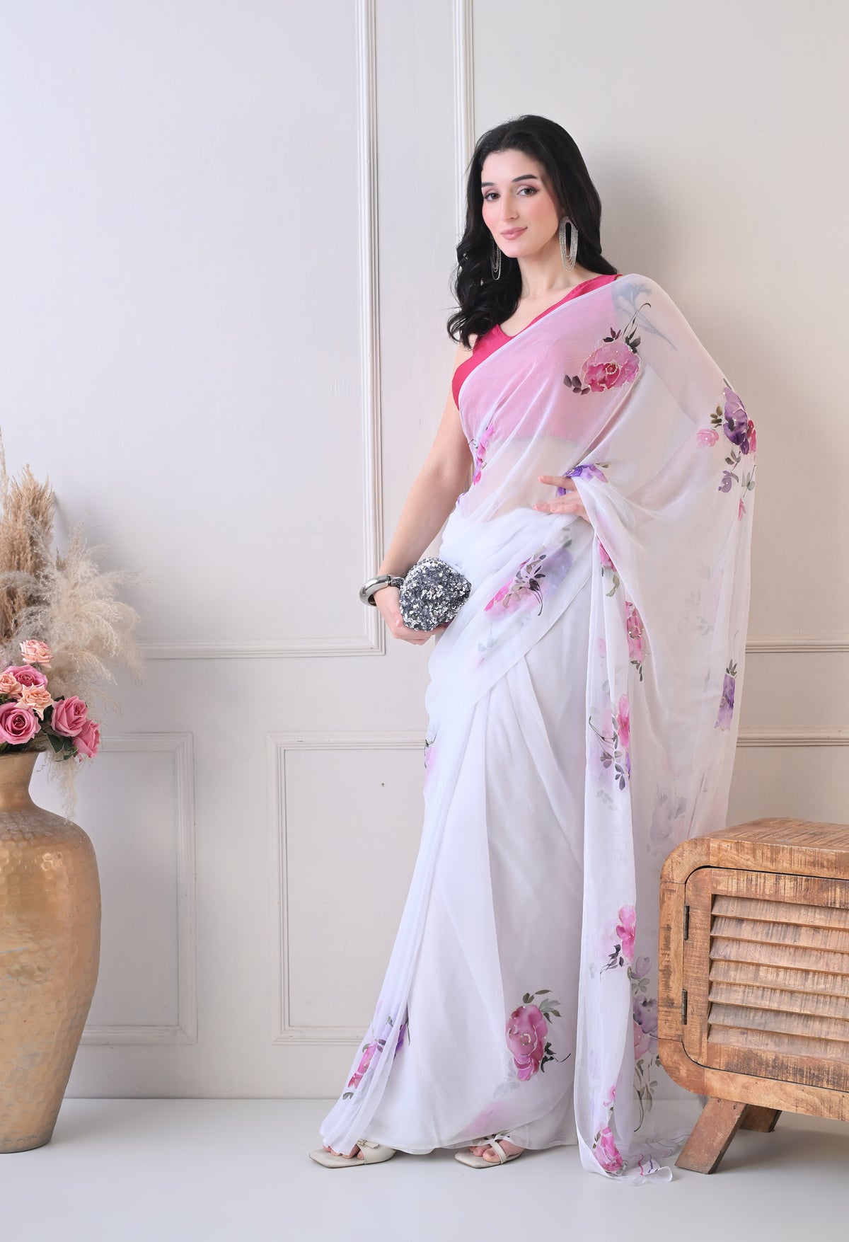 Ivory Botanical Handpainted Pure Chiffon Saree