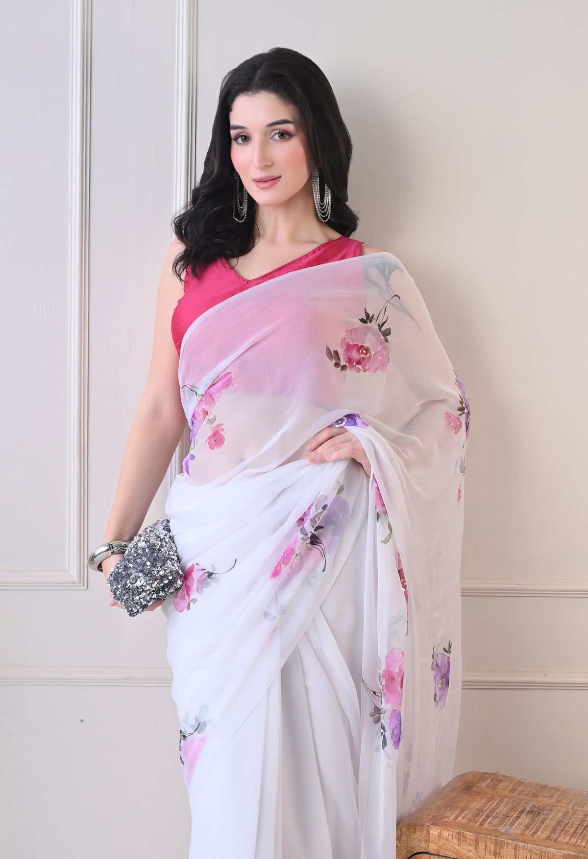 Ivory Botanical Handpainted Pure Chiffon Saree