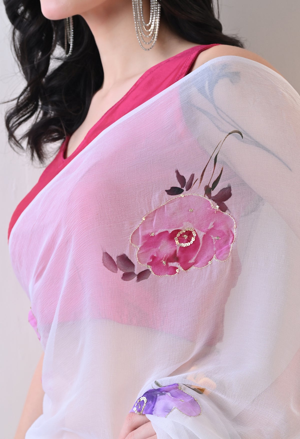 Ivory Botanical Handpainted Pure Chiffon Saree