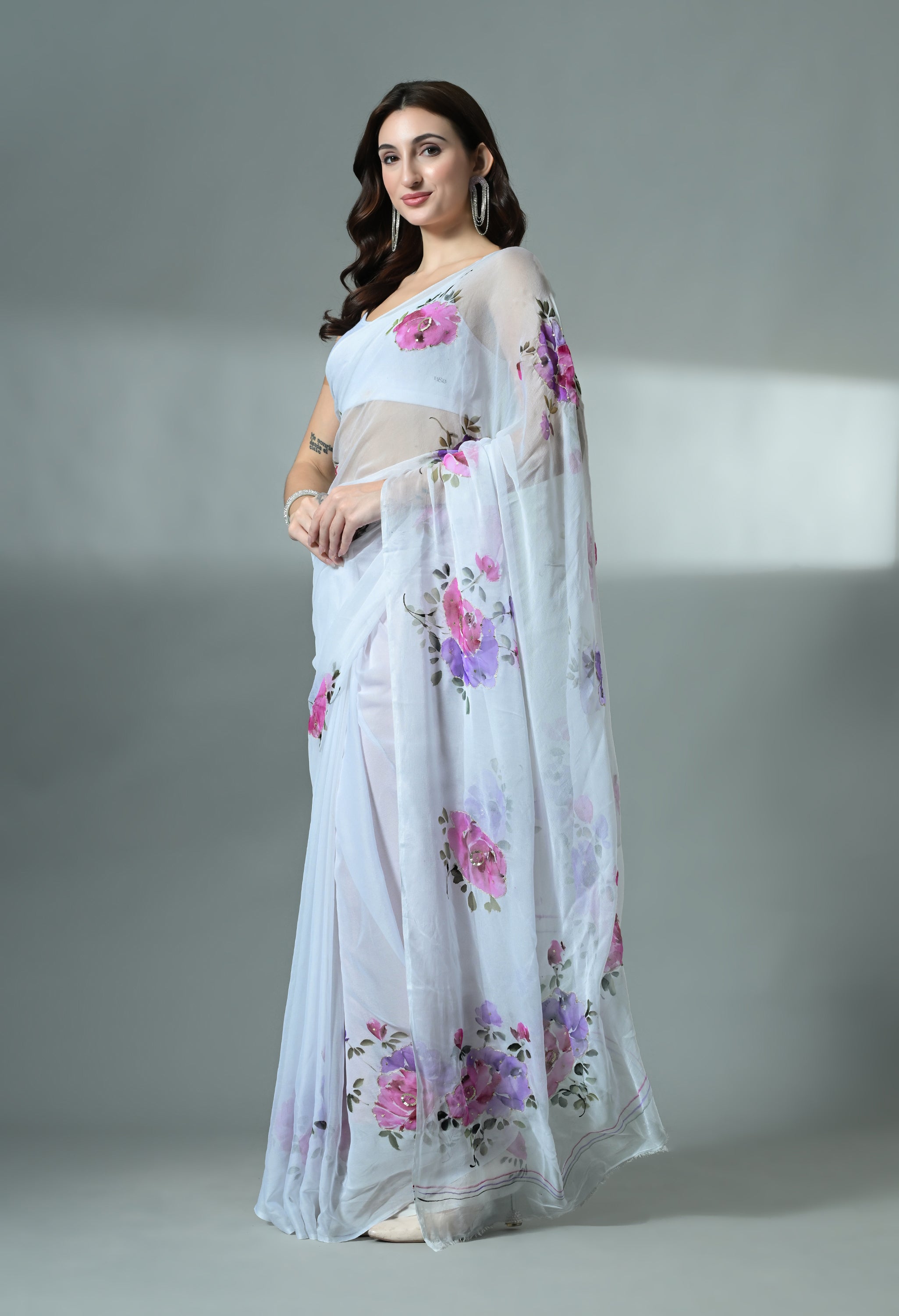 Moonlit Petals Handpainted Pure Chiffon Saree