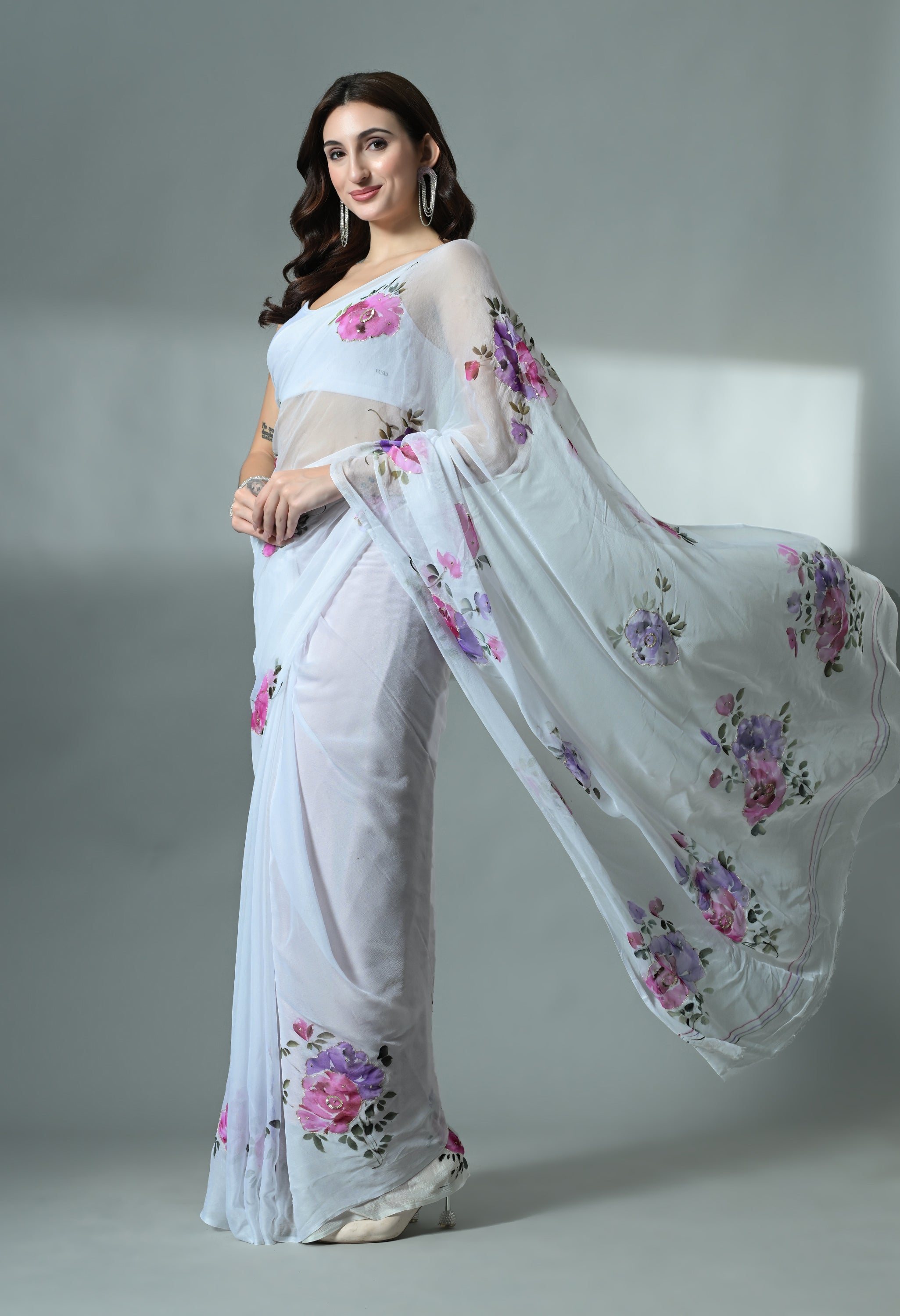 Moonlit Petals Handpainted Pure Chiffon Saree