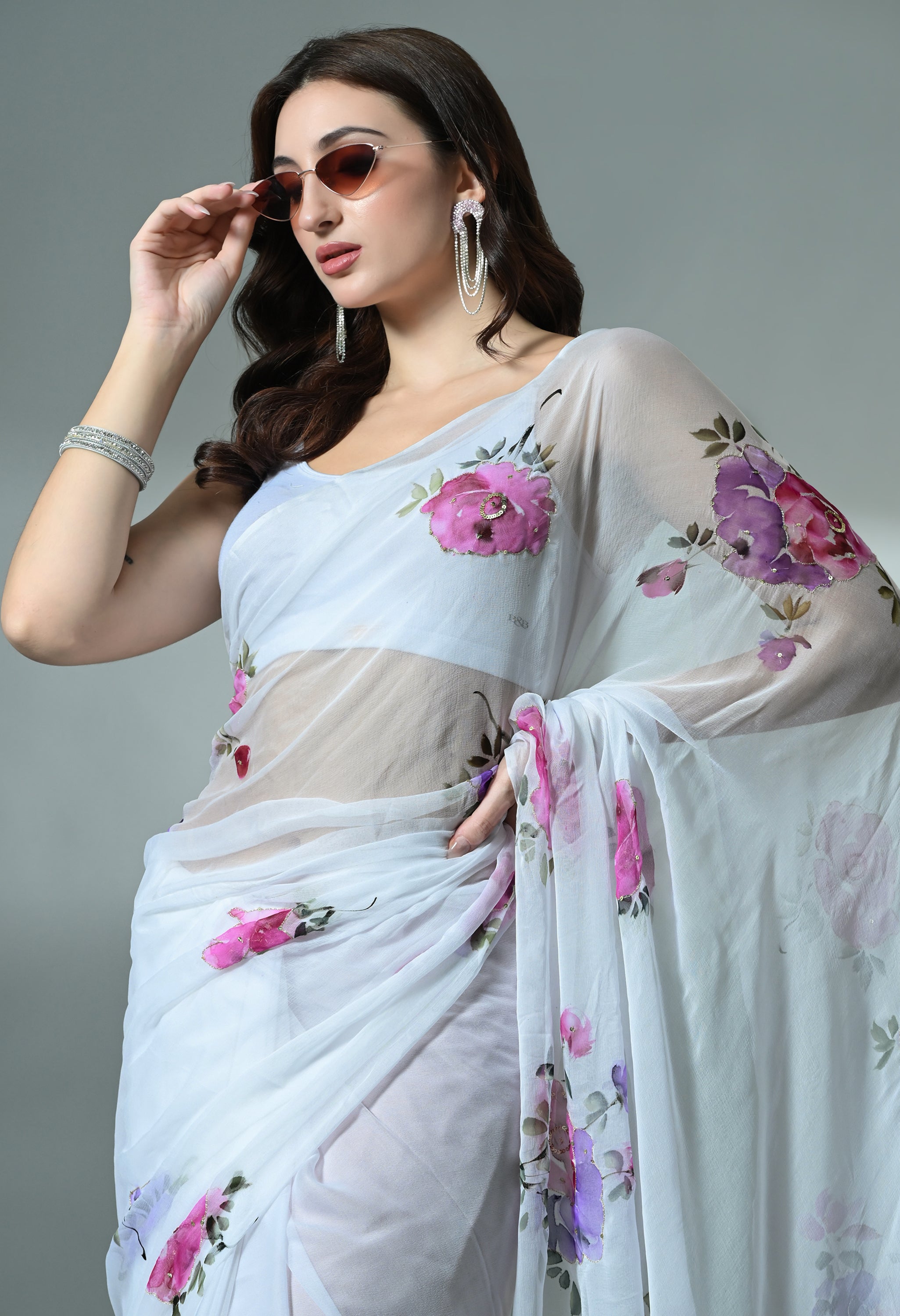 Moonlit Petals Handpainted Pure Chiffon Saree