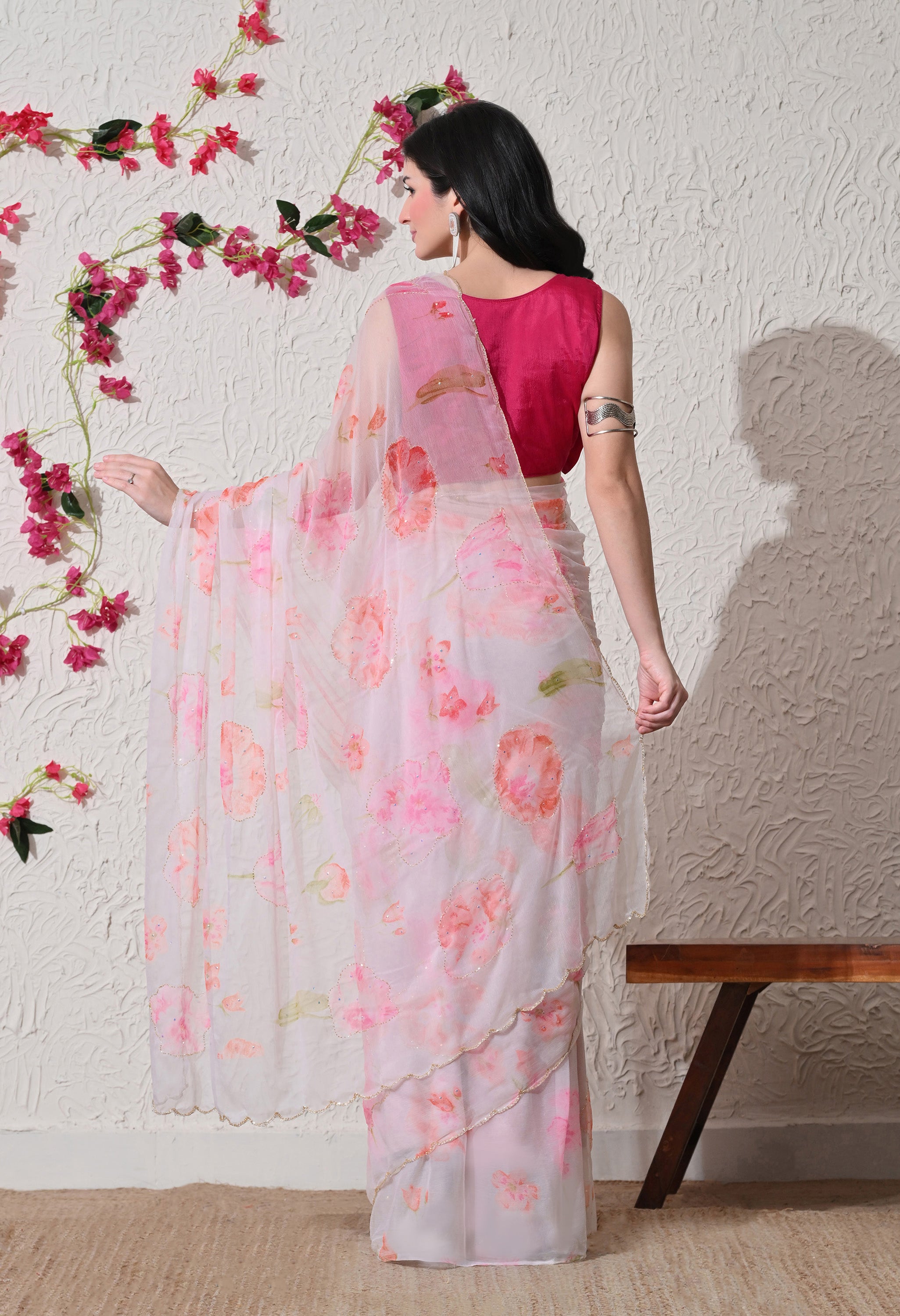 White Italian Chiffon Floral Printed Saree