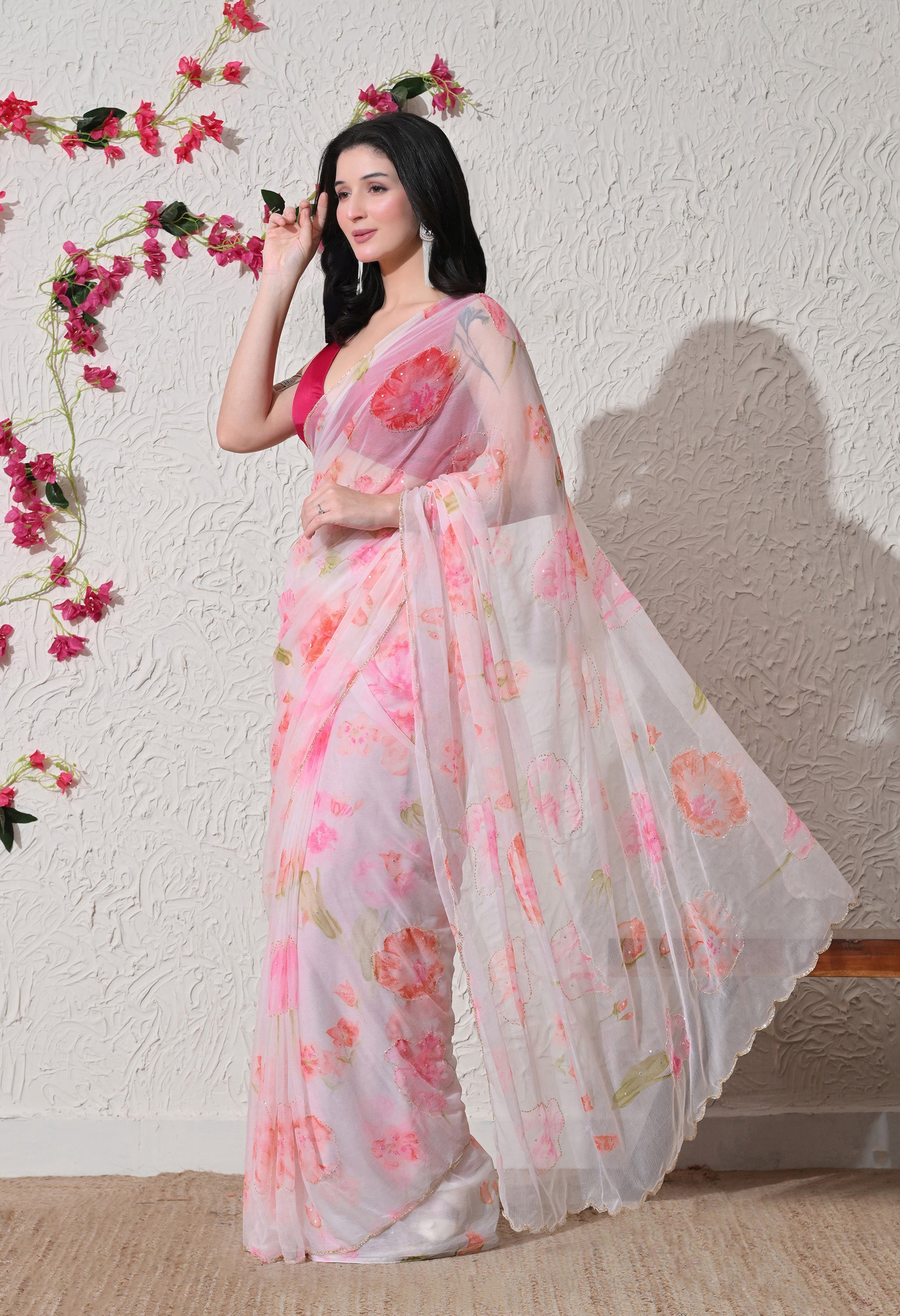 White Italian Chiffon Floral Printed Saree