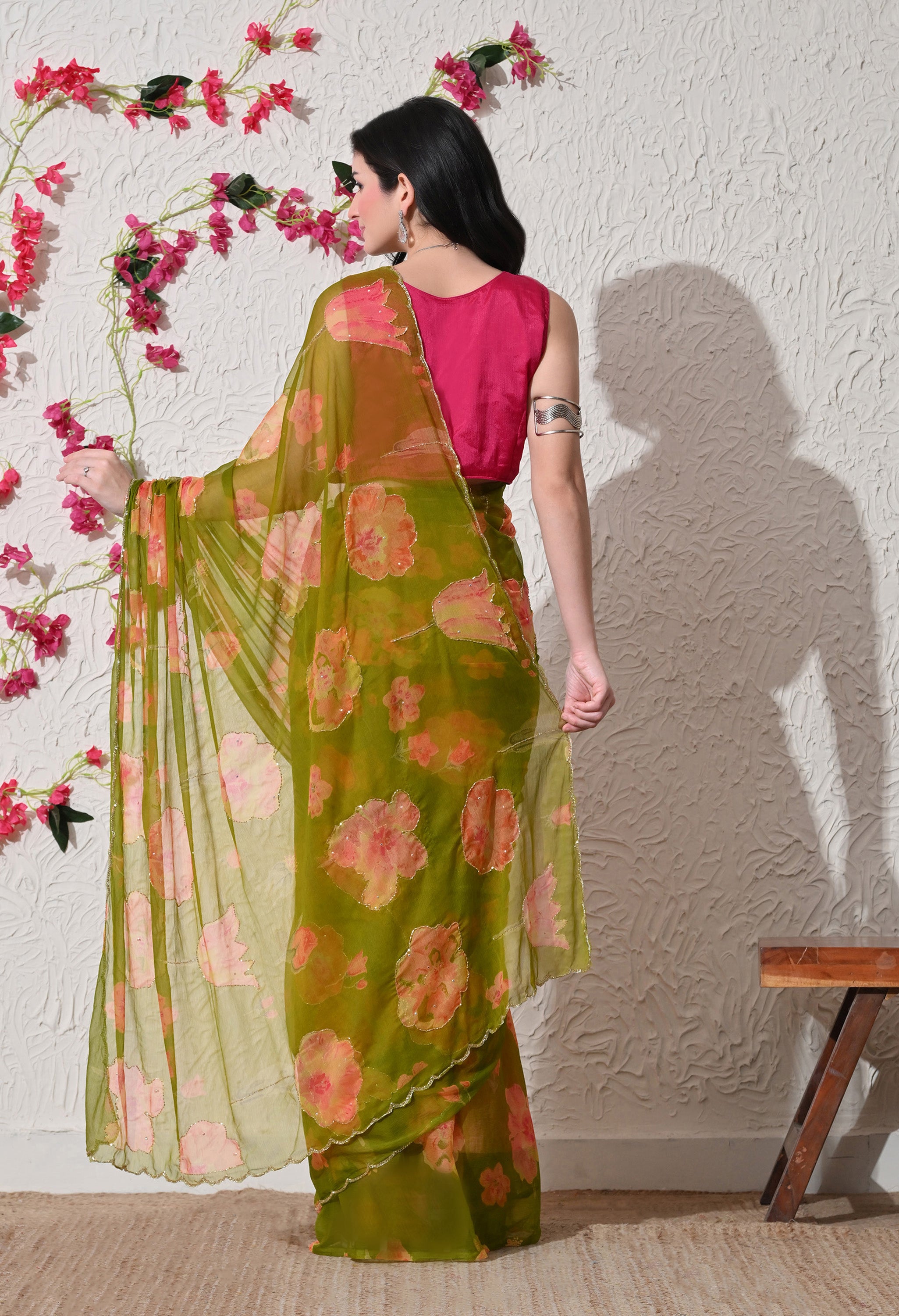 Olive Bloom Digital Printed Italian Chiffon Saree