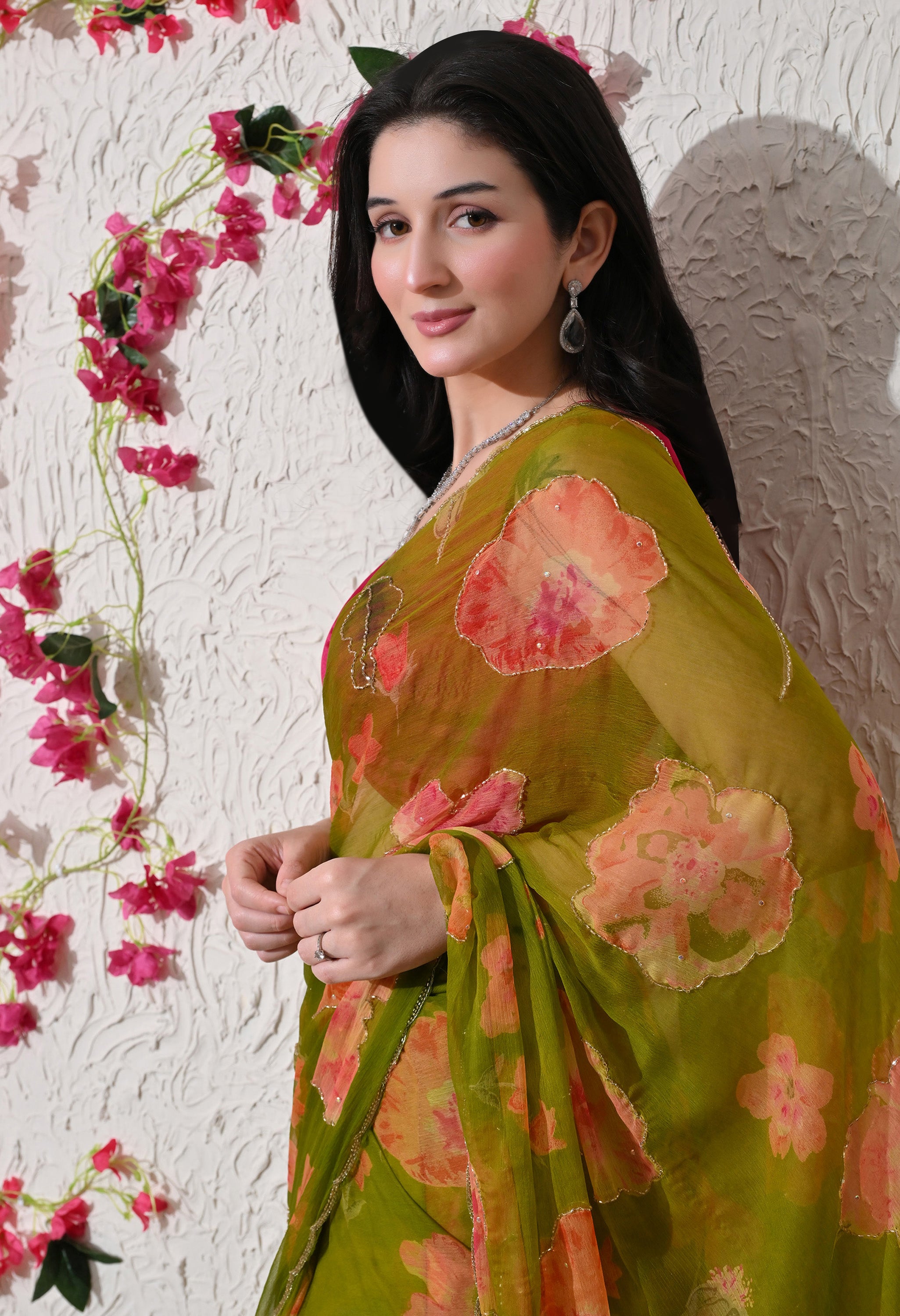 Olive Bloom Digital Printed Italian Chiffon Saree