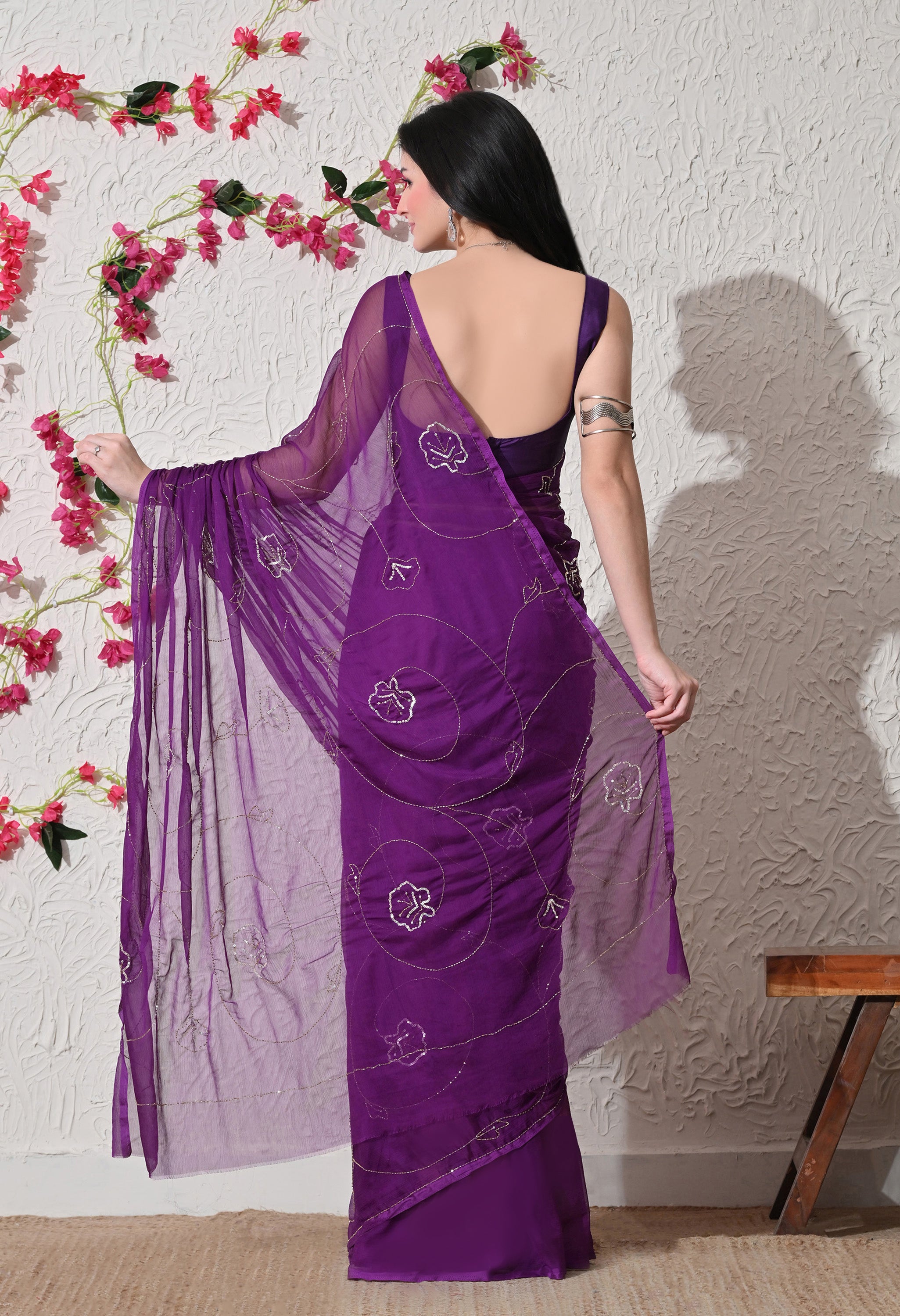 Royal Amethyst Italian Chiffon Jaal Work Saree