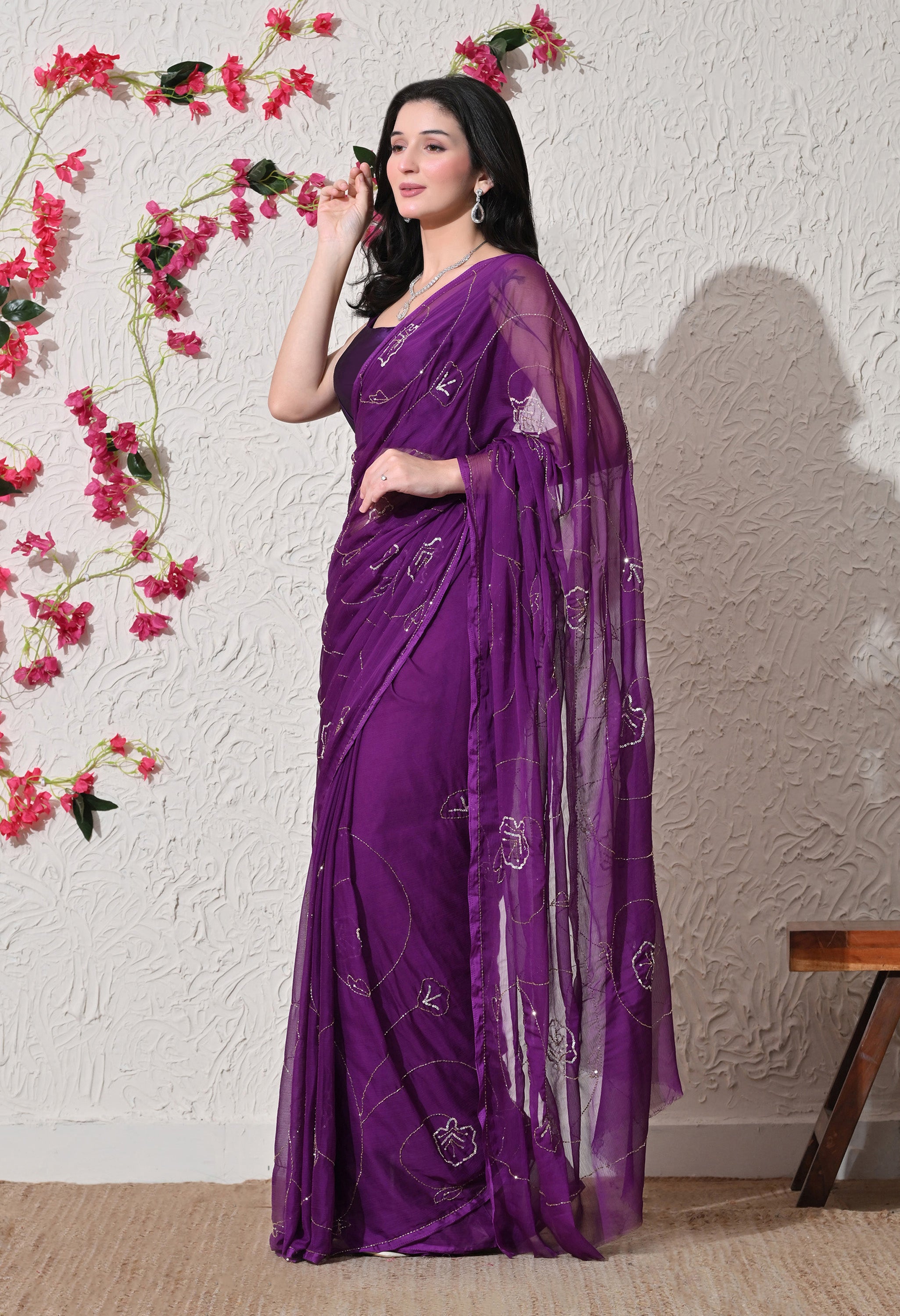 Royal Amethyst Italian Chiffon Jaal Work Saree