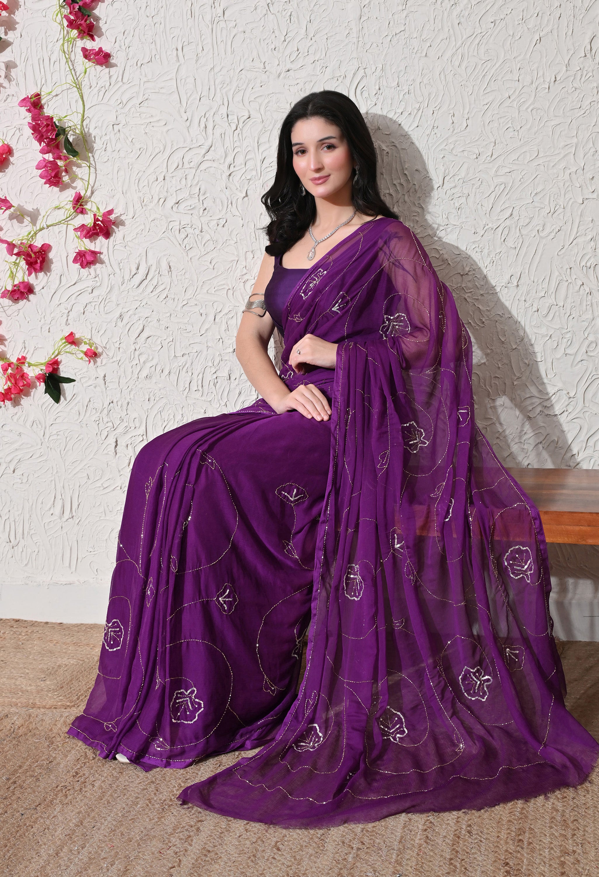 Royal Amethyst Italian Chiffon Jaal Work Saree