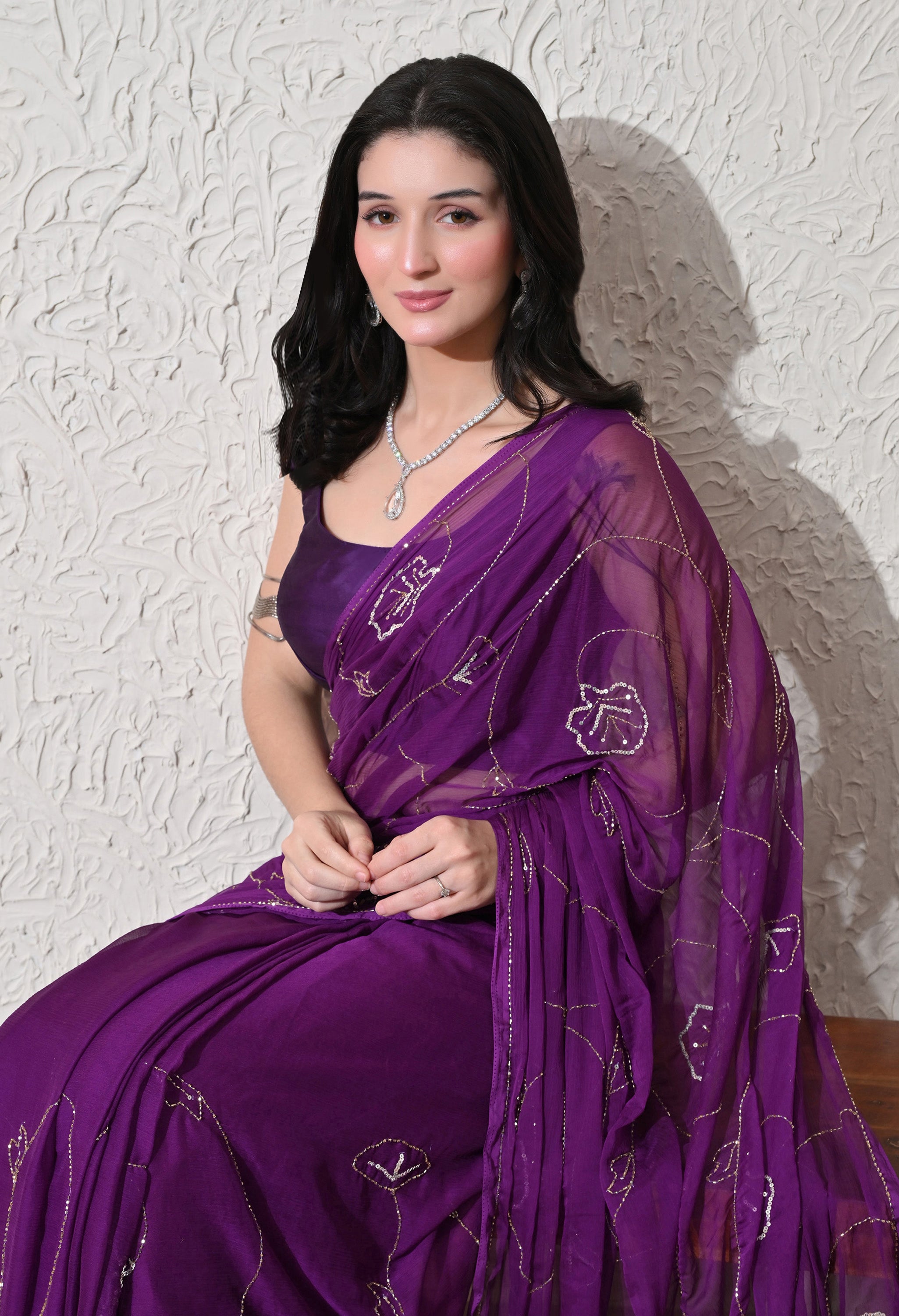 Royal Amethyst Italian Chiffon Jaal Work Saree