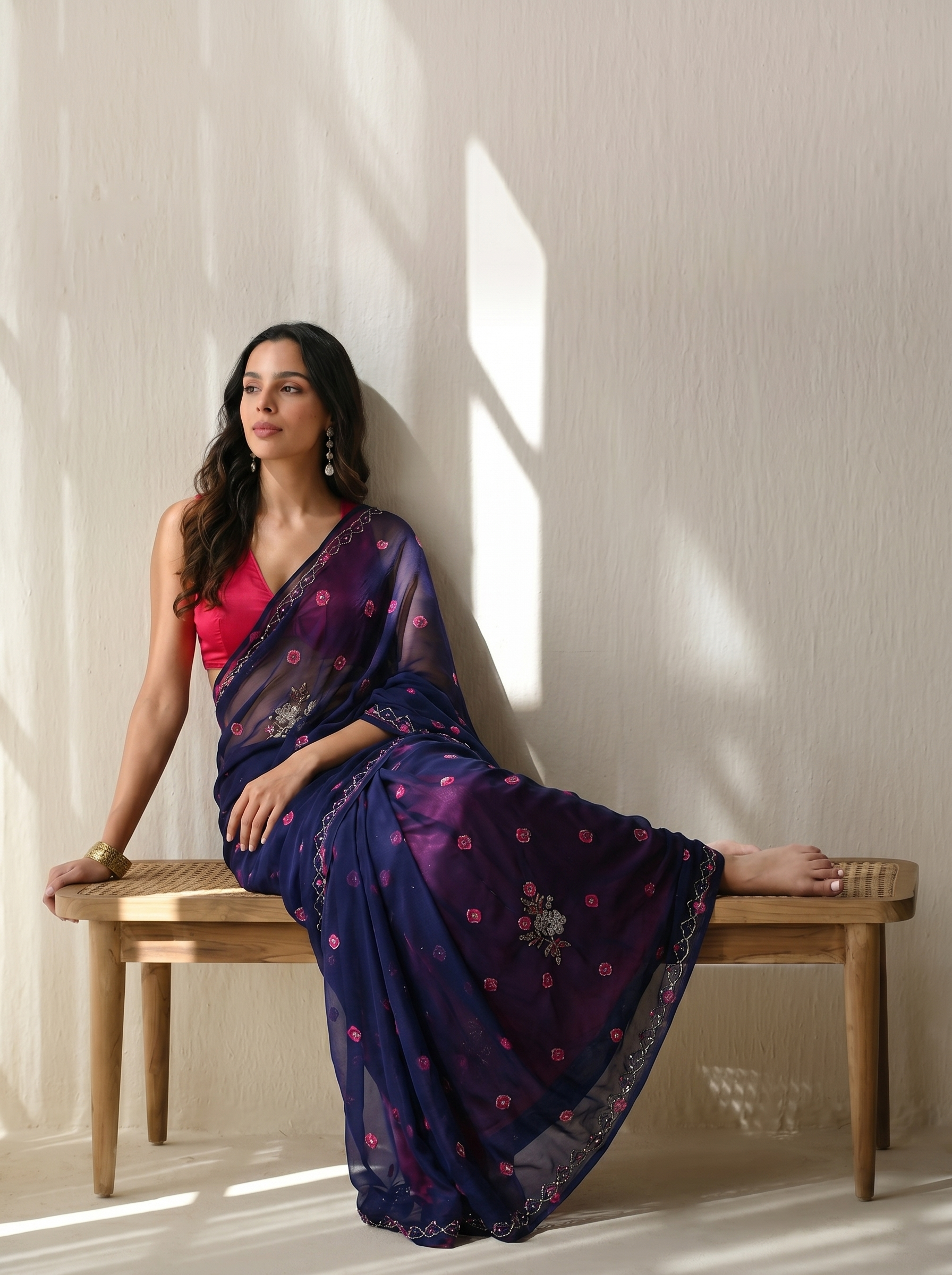 Navy Royale Bandhani Handwork Italian Chiffon Saree