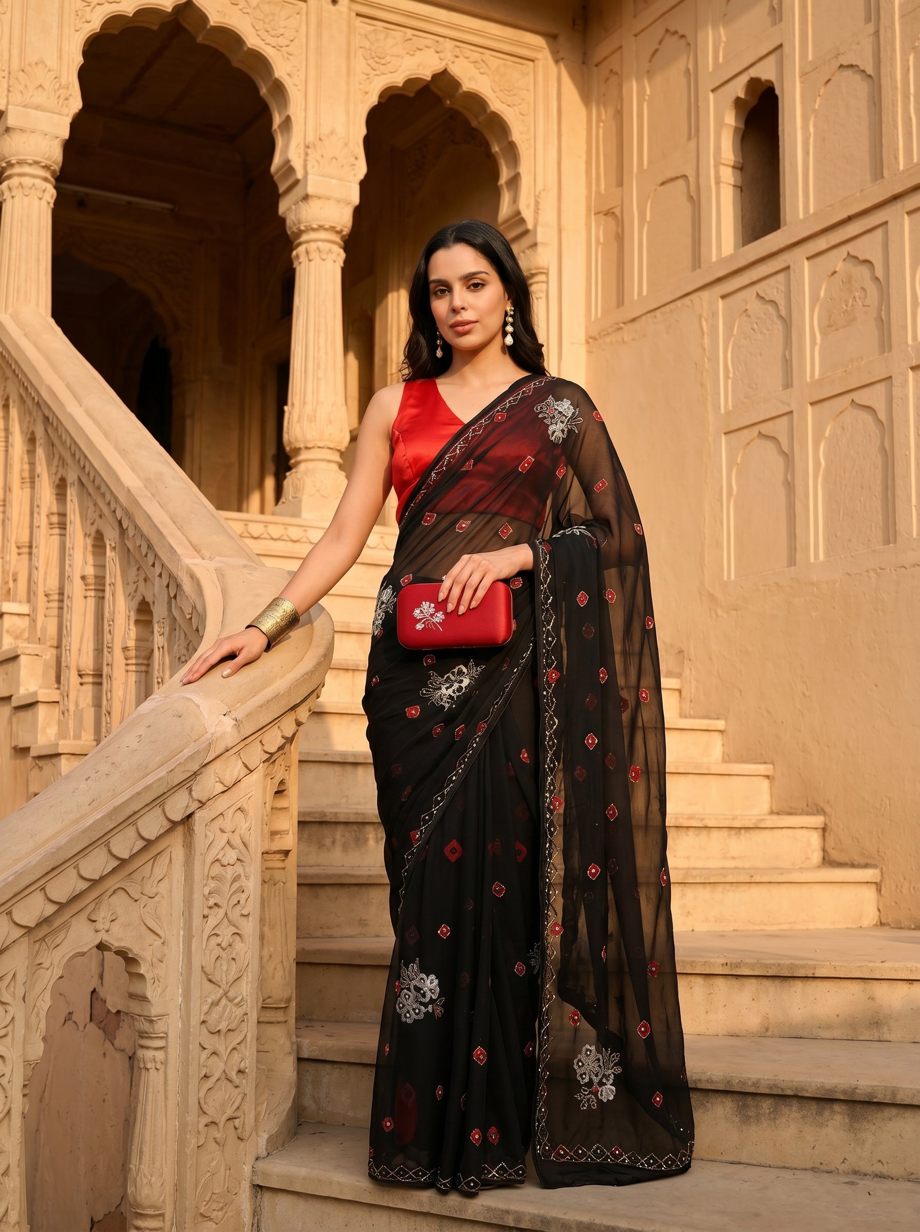 Royal Noir Bandhani Handwork Italian Chiffon Saree