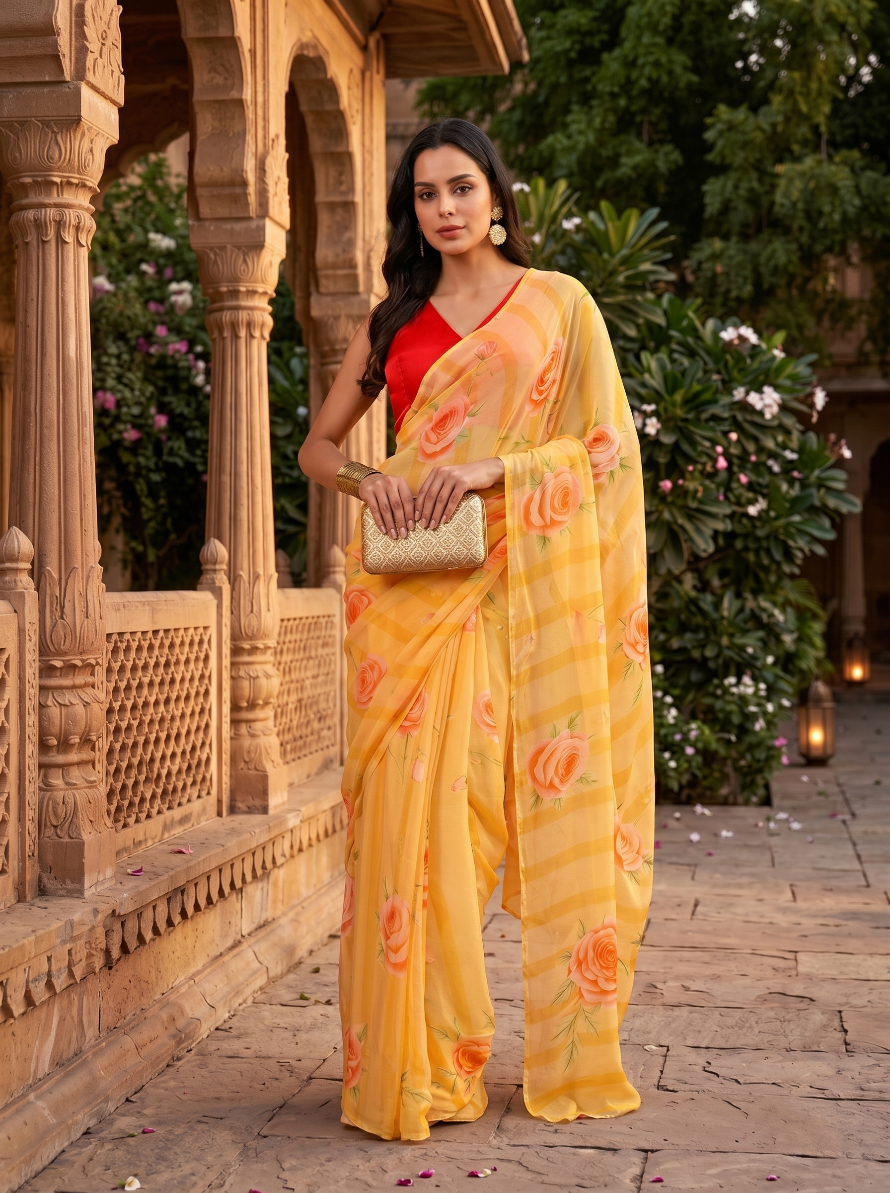 Golden Reverie Digital Print Pure Chiffon Saree