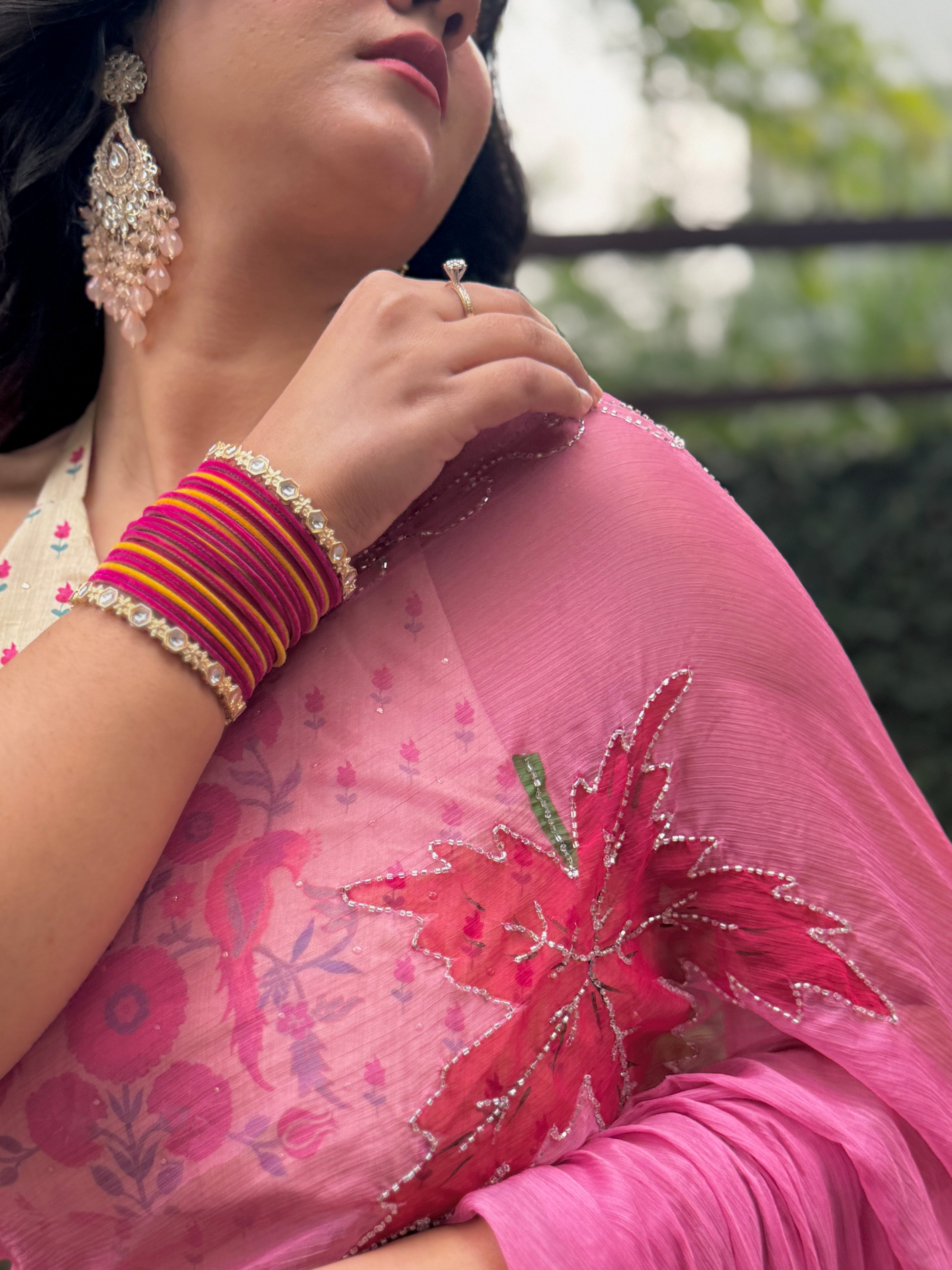 Rose Blush Pink Hand Brushed Chiffon Saree