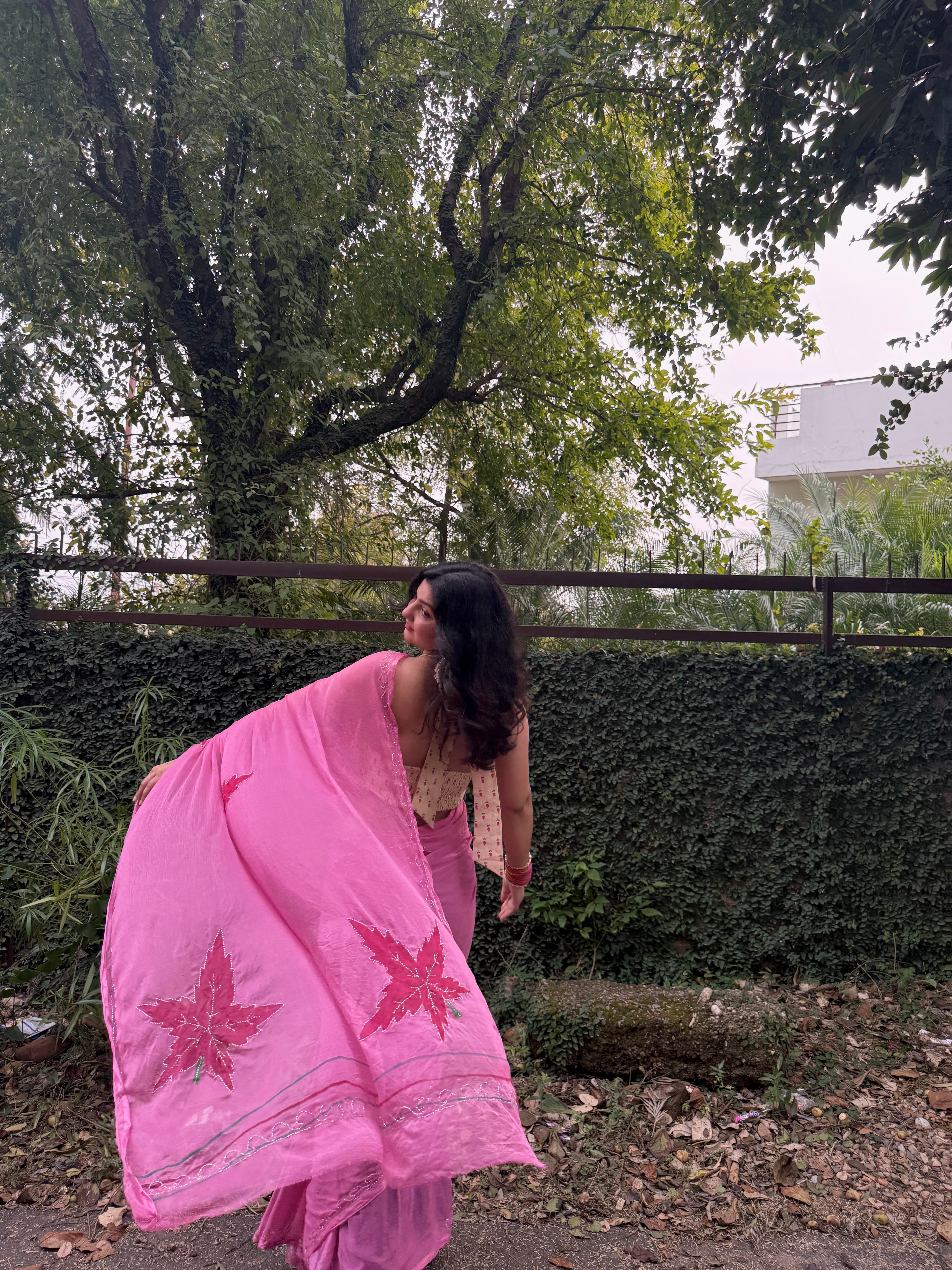 Rose Blush Pink Hand Brushed Chiffon Saree