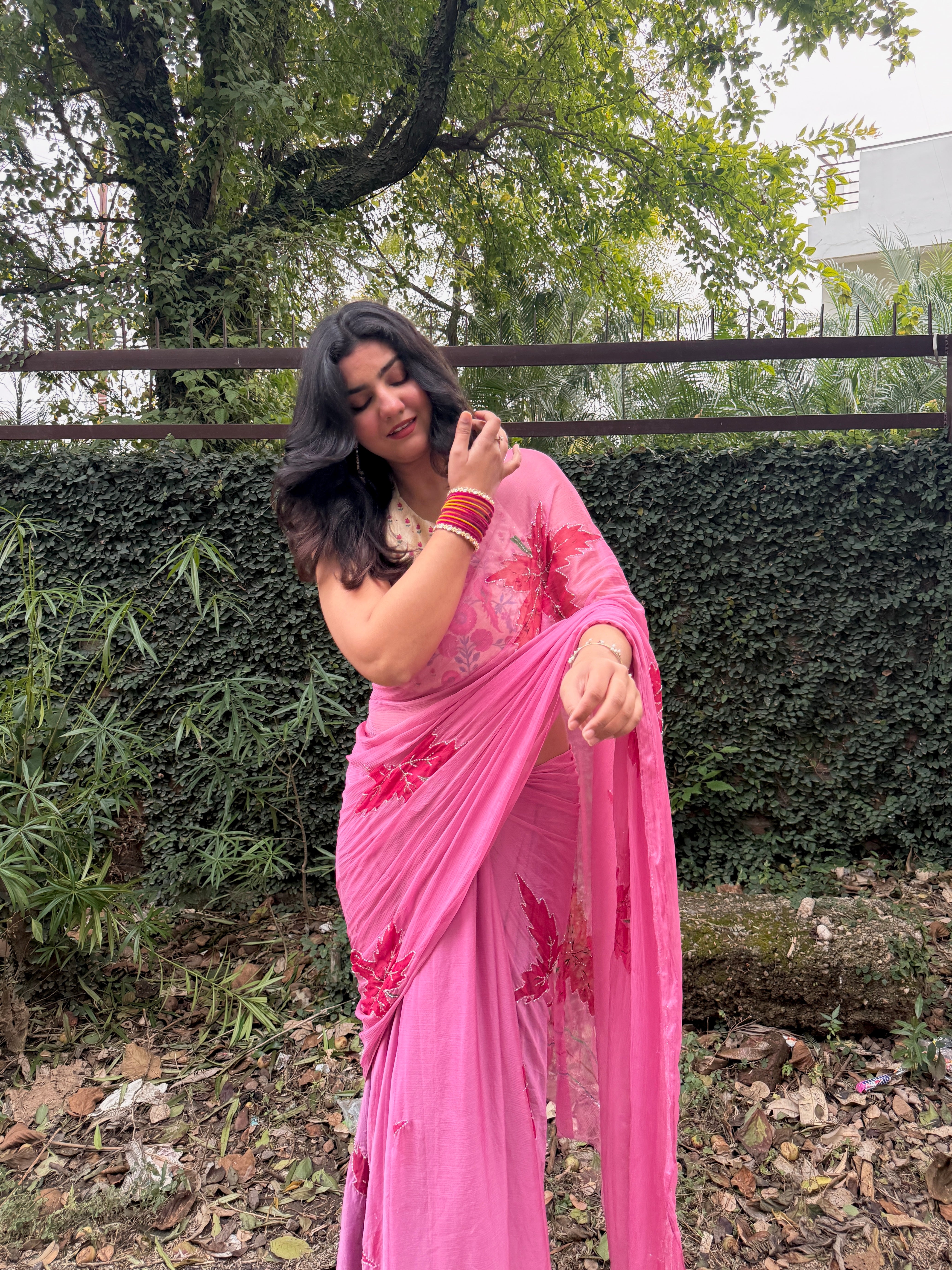 Rose Blush Pink Hand Brushed Chiffon Saree