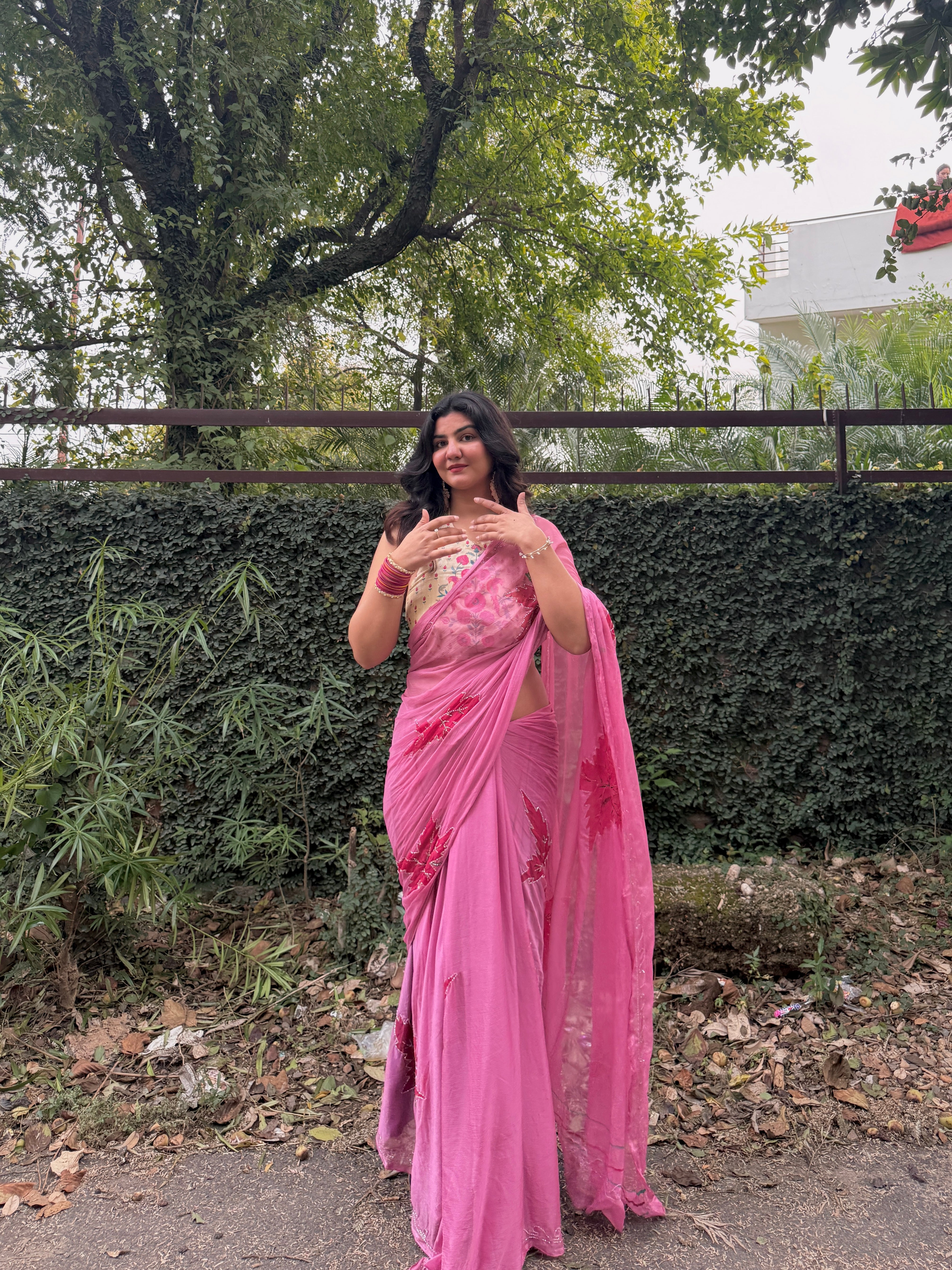 Rose Blush Pink Hand Brushed Chiffon Saree